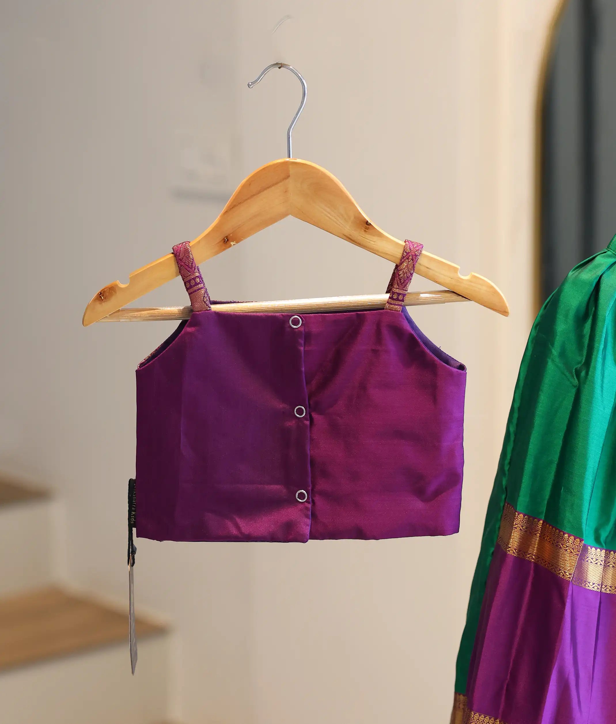 Green and Wine Kanchipuram Silk Skirt and Top for Baby Girl [6274A]