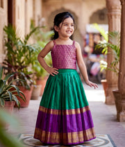 Green and Wine Kanchipuram Silk Skirt and Top for Baby Girl [6274A]