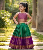 Green and Wine Kanchipuram Silk Skirt and Top for Baby Girl [6274]
