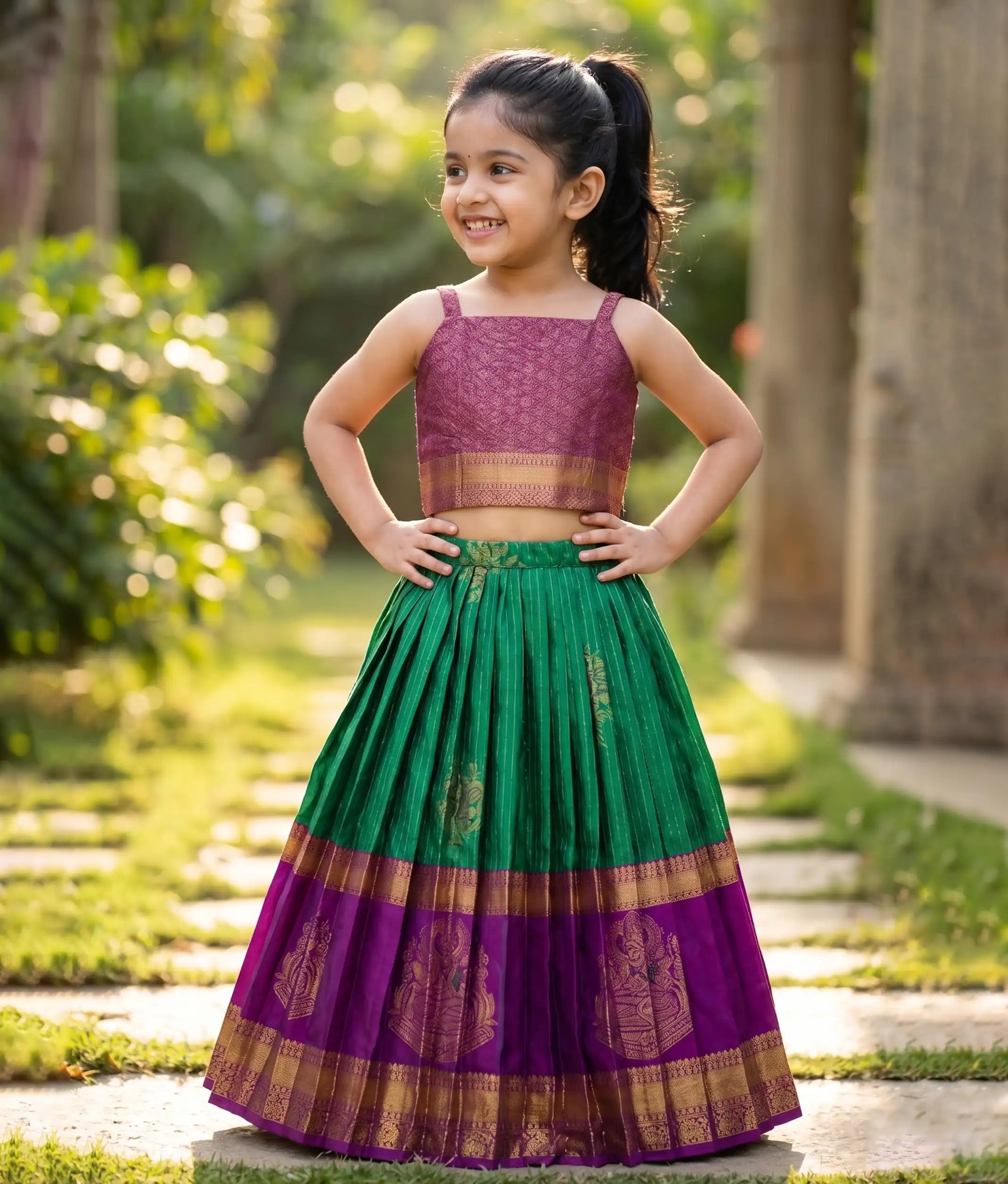 Green and Wine Kanchipuram Silk Skirt and Top for Baby Girl [6274]