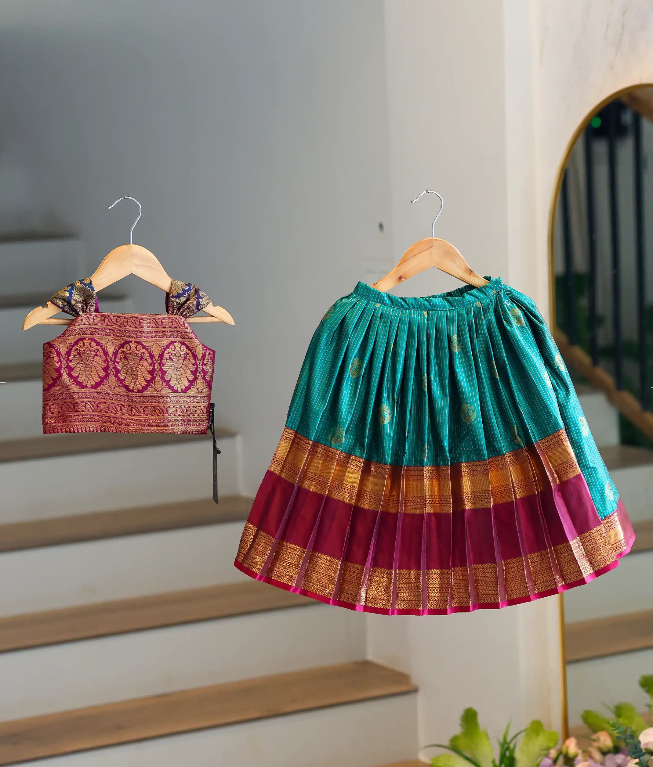 Maroon And Green Kanchipuram Silk Skirt and Top for Baby Girl [6275]