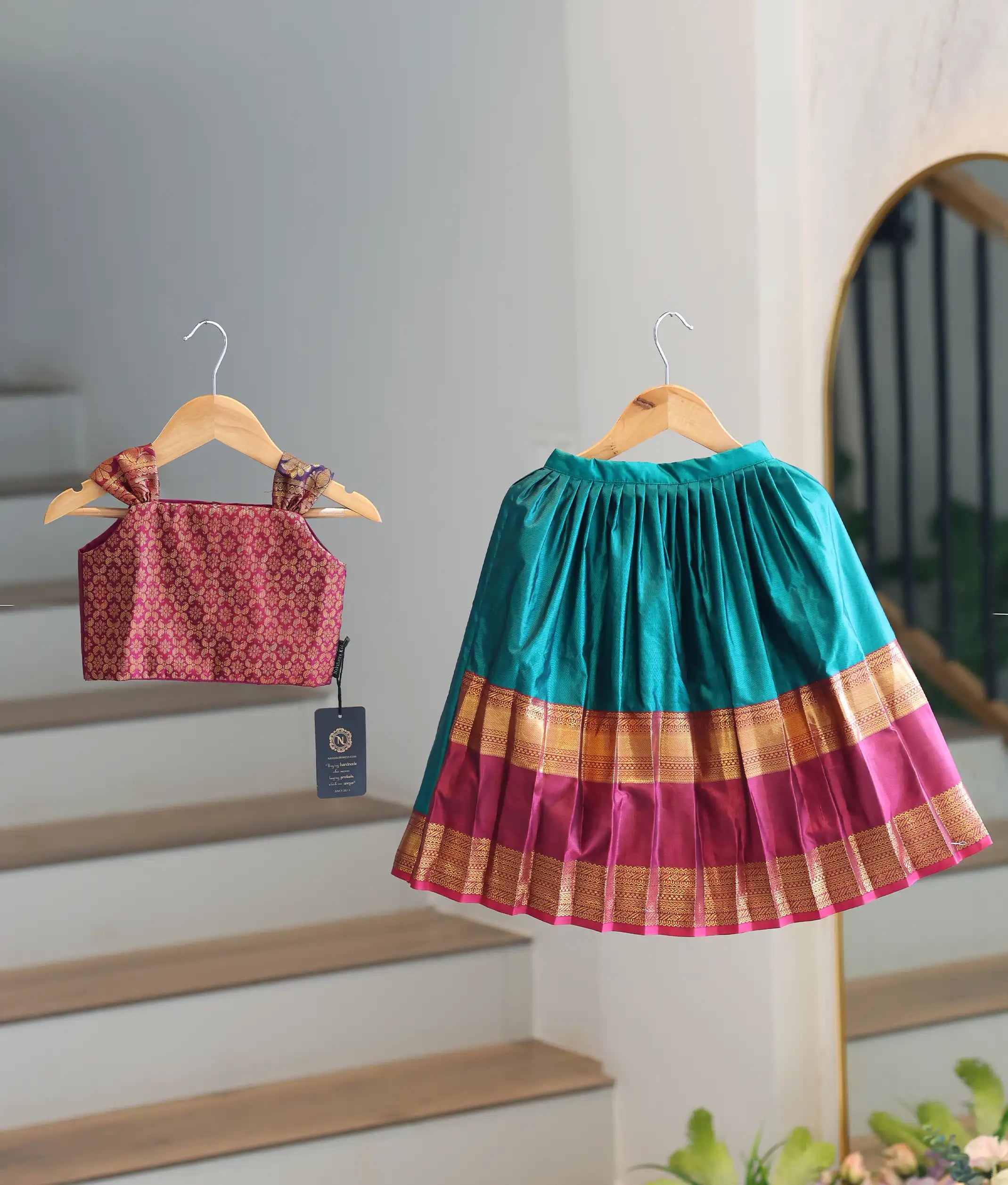 Maroon and Green Kanchipuram Silk Skirt and Top for Baby Girl [6275A]