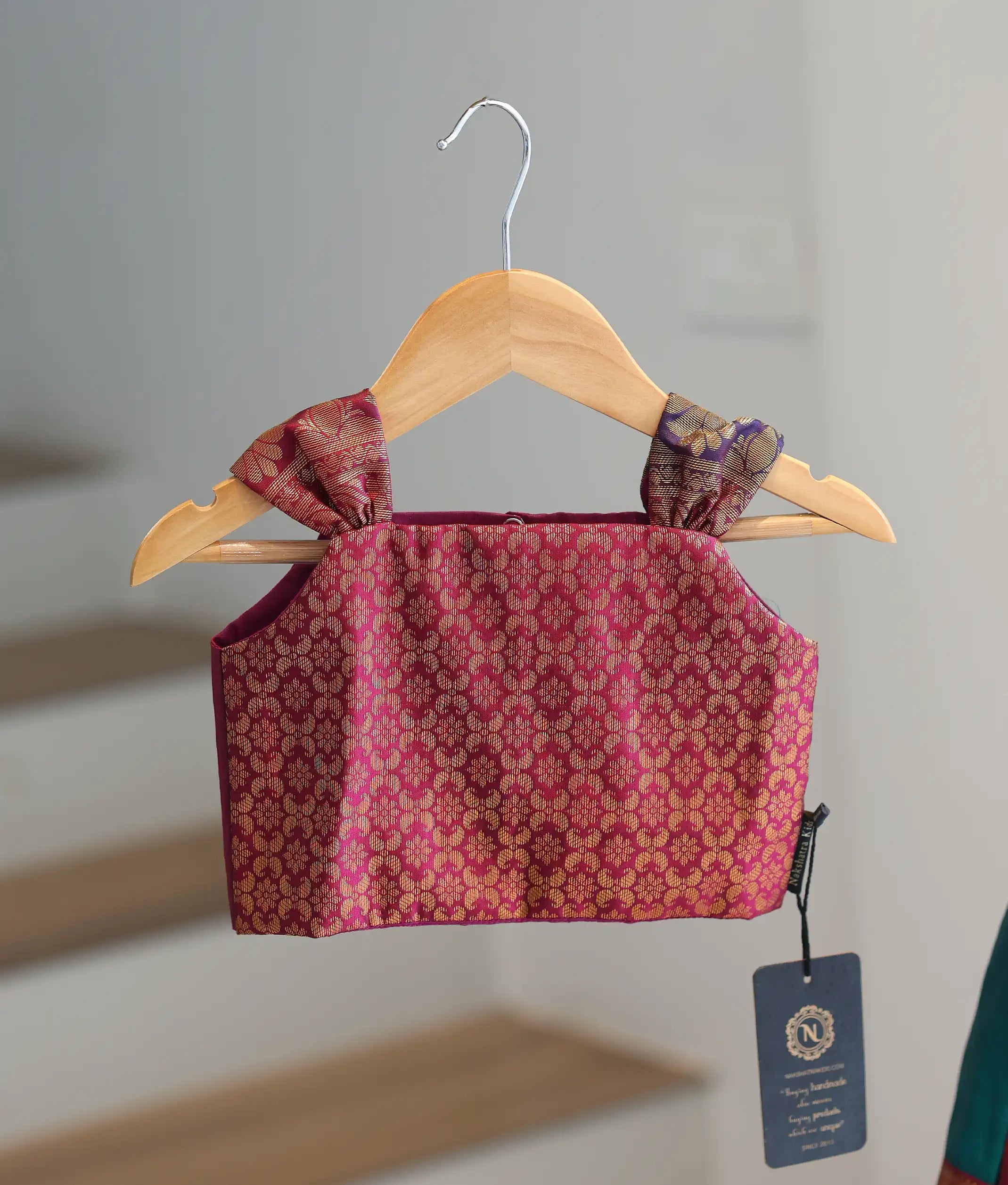 Maroon and Green Kanchipuram Silk Skirt and Top for Baby Girl [6275A]