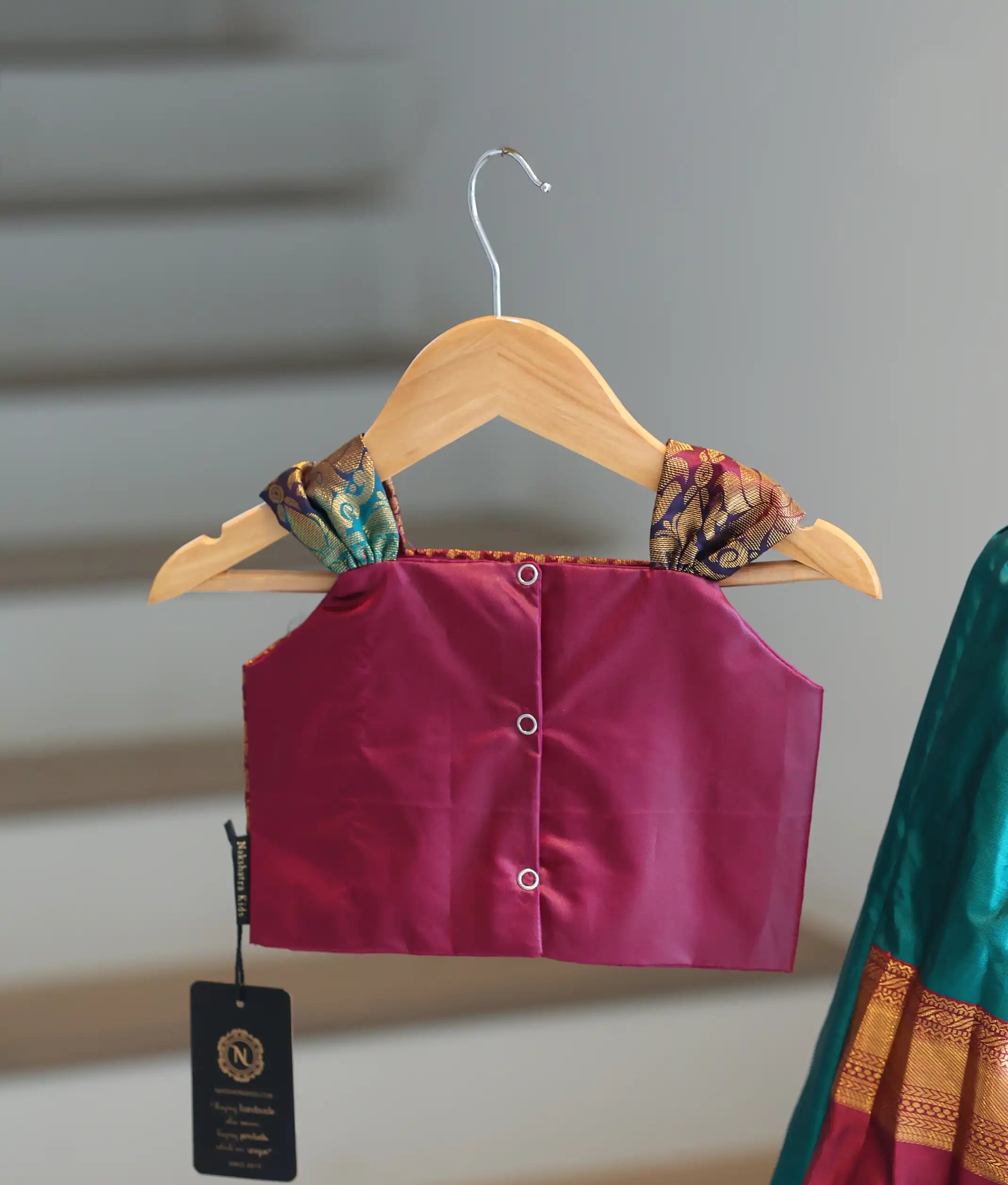 Maroon and Green Kanchipuram Silk Skirt and Top for Baby Girl [6275A]