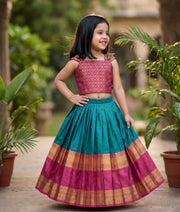 Maroon and Green Kanchipuram Silk Skirt and Top for Baby Girl [6275A]