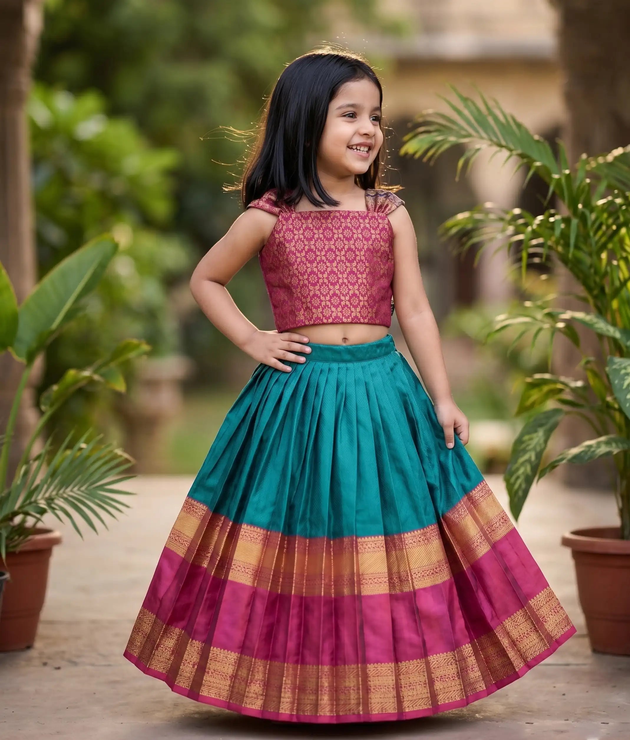 Maroon and Green Kanchipuram Silk Skirt and Top for Baby Girl [6275A]