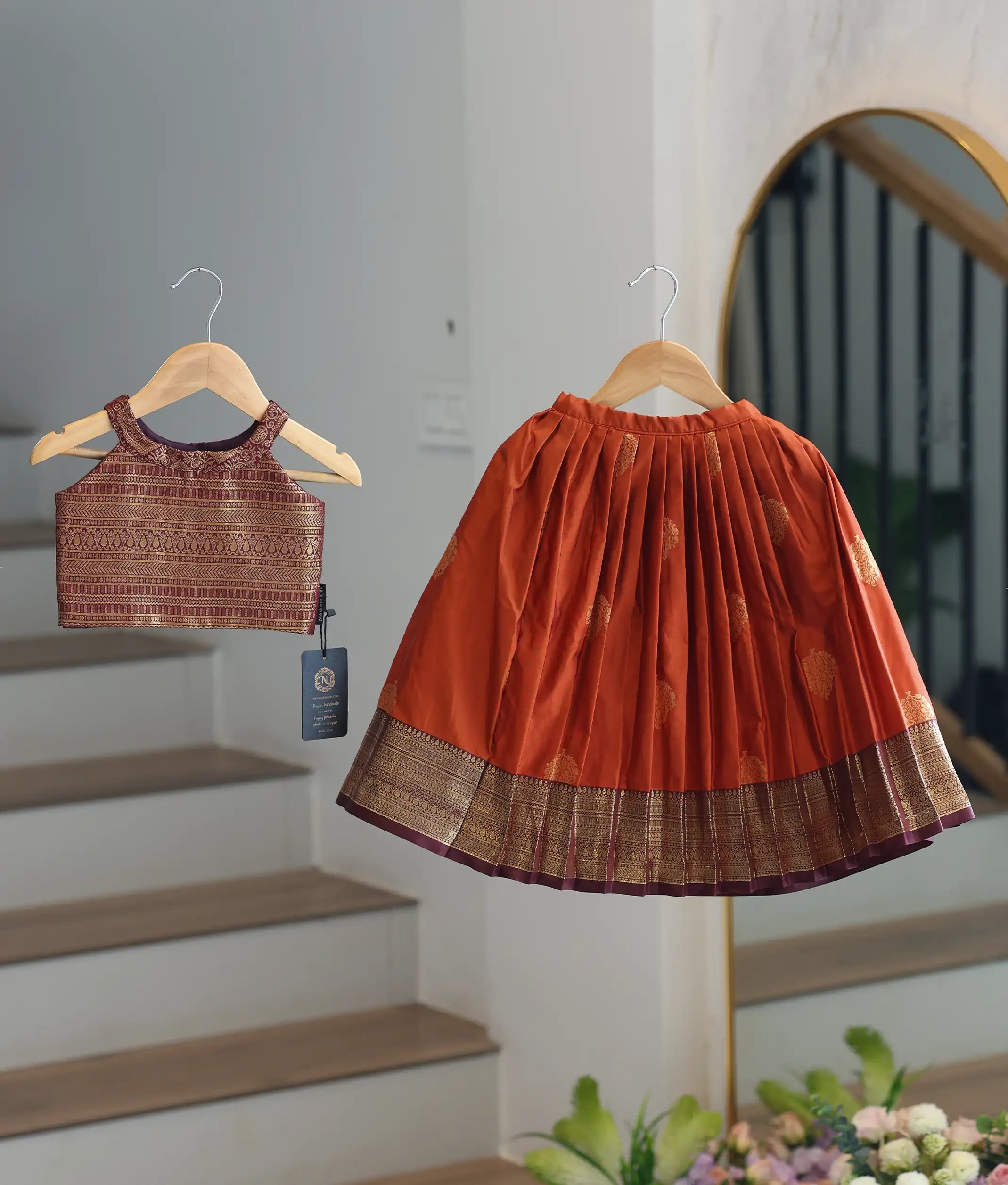 Rust Orange and Wine Kanchipuram Silk Skirt and Top for Baby Girl [6277]