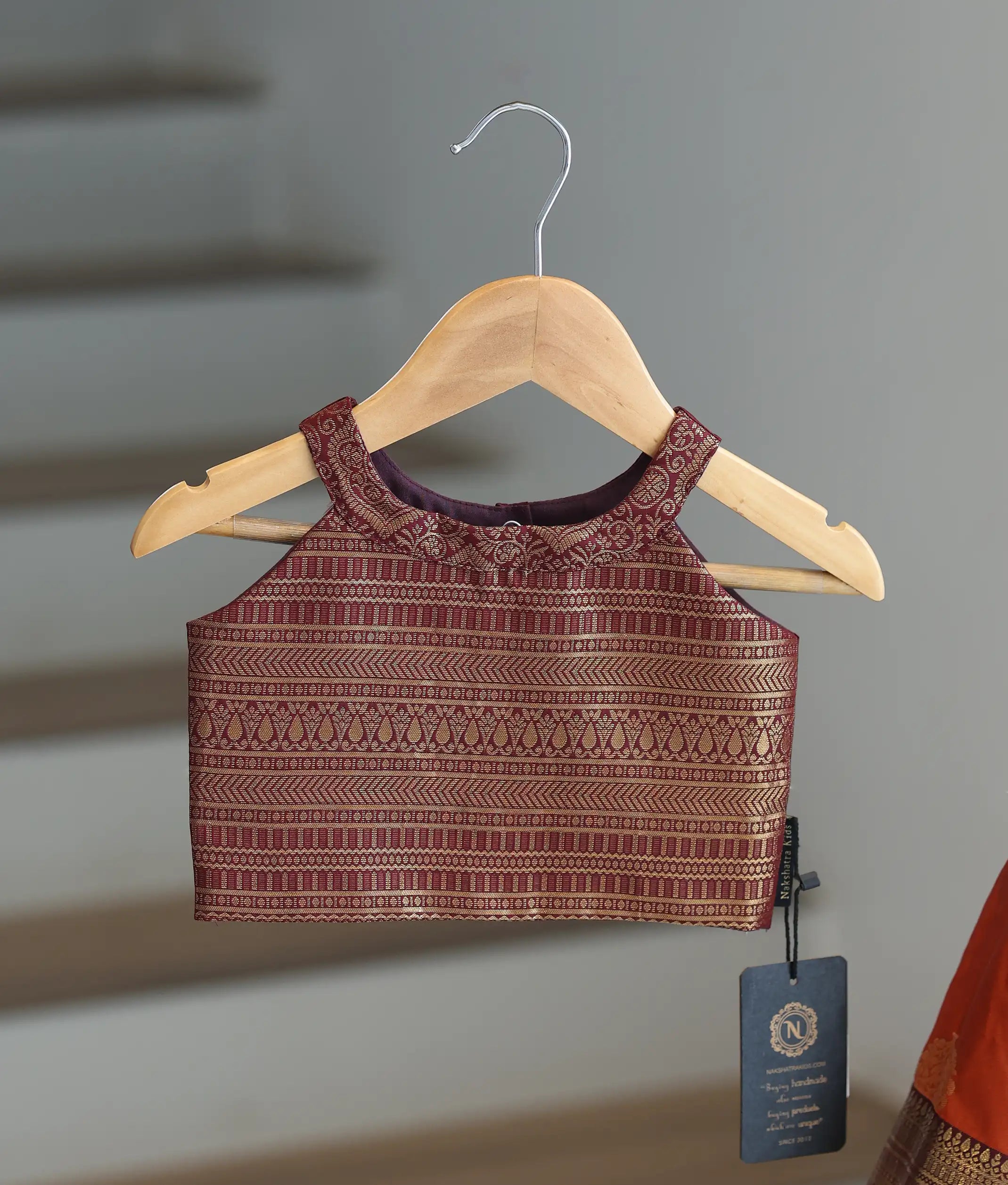 Rust Orange and Wine Kanchipuram Silk Skirt and Top for Baby Girl [6277]