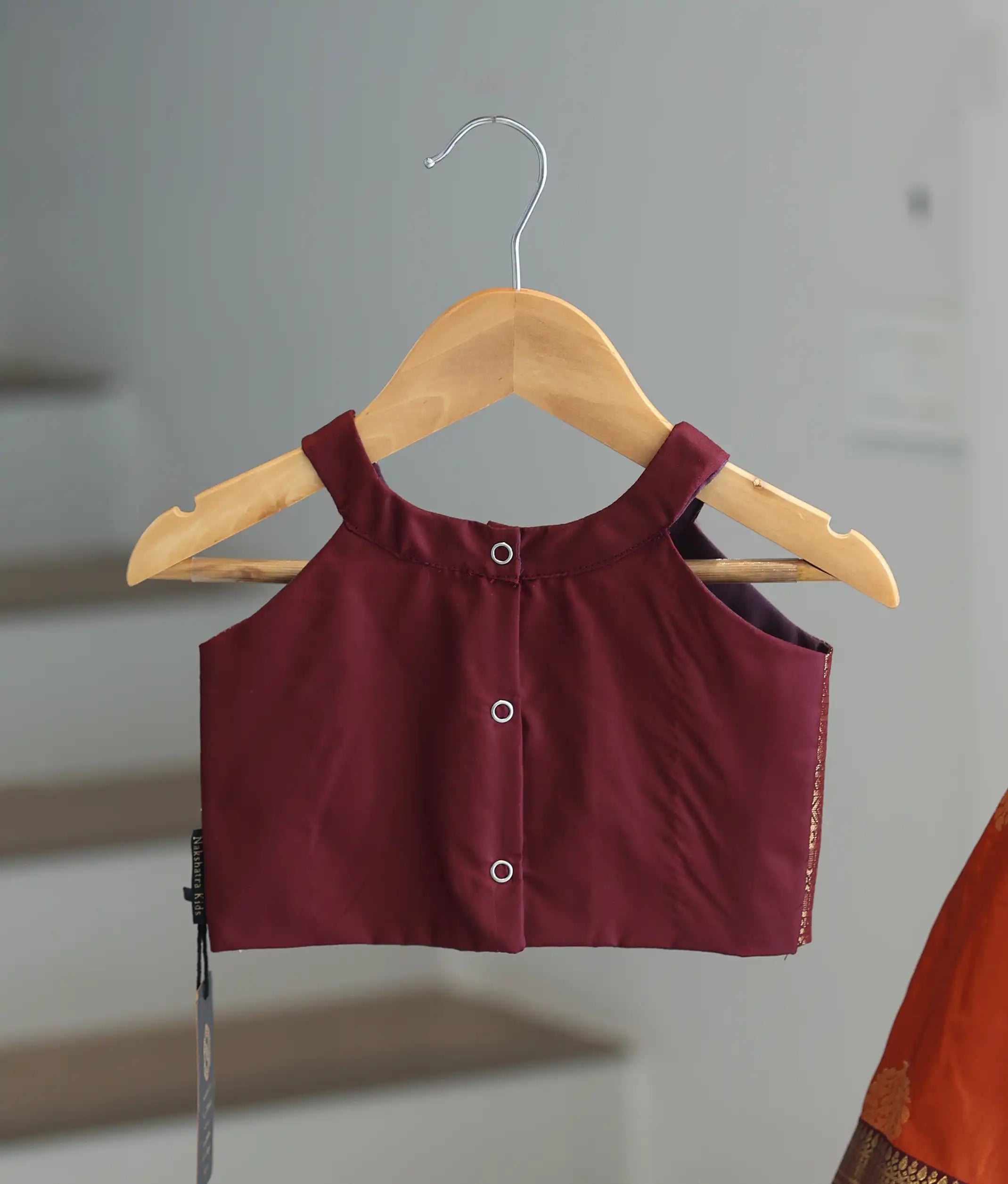 Rust Orange and Wine Kanchipuram Silk Skirt and Top for Baby Girl [6277]