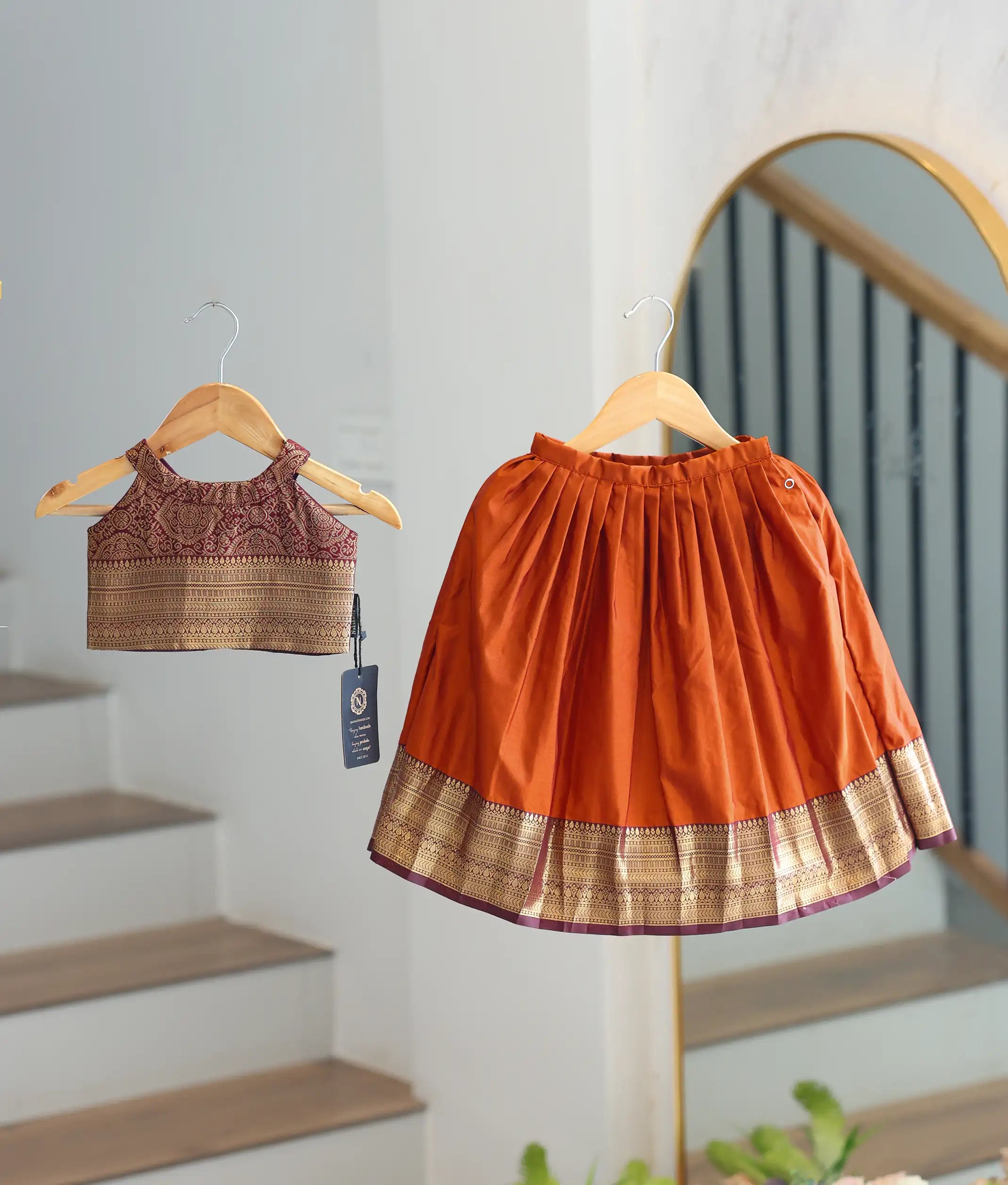 Rust Orange and Wine Kanchipuram Silk Skirt and Top for Baby Girl [6277A]