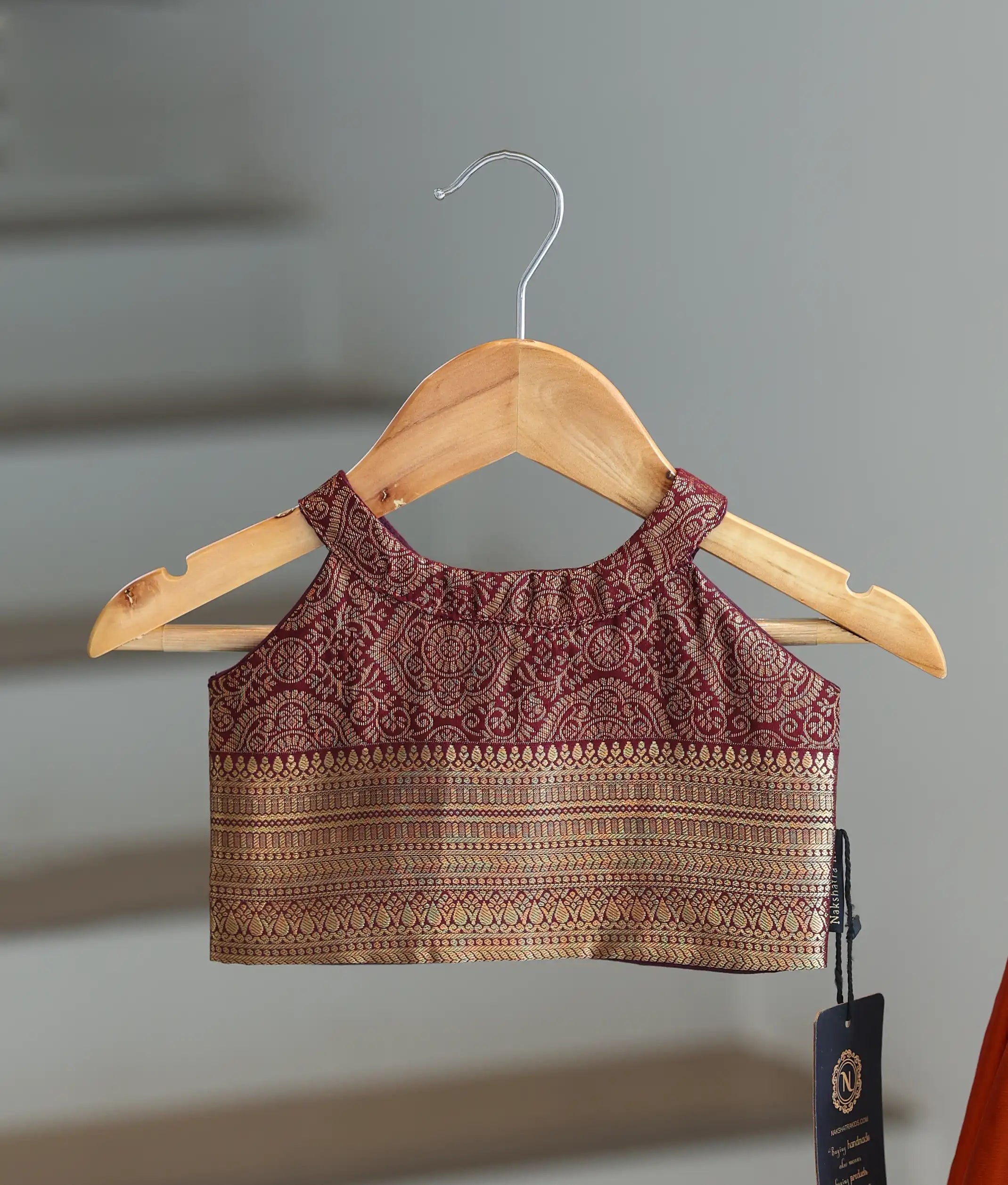 Rust Orange and Wine Kanchipuram Silk Skirt and Top for Baby Girl [6277A]