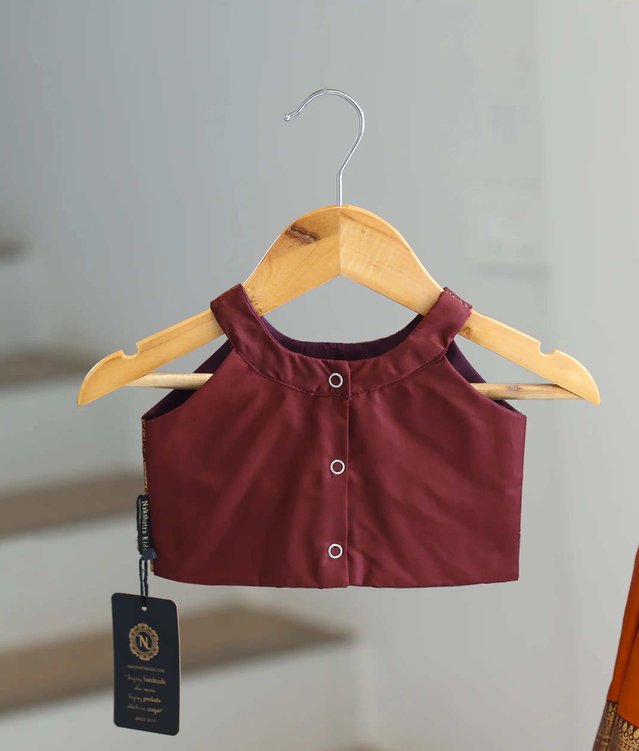 Rust Orange and Wine Kanchipuram Silk Skirt and Top for Baby Girl [6277A]