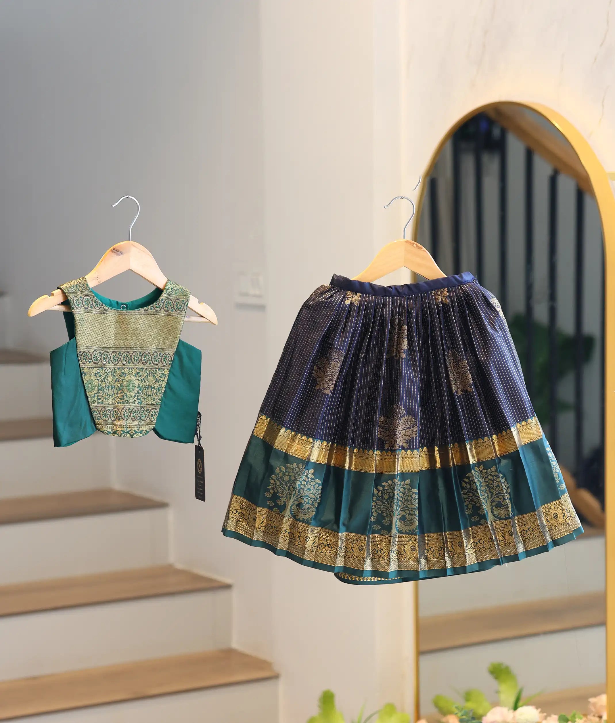Green and Blue Kanchipuram Silk Skirt and Top for Baby Girl [6278]