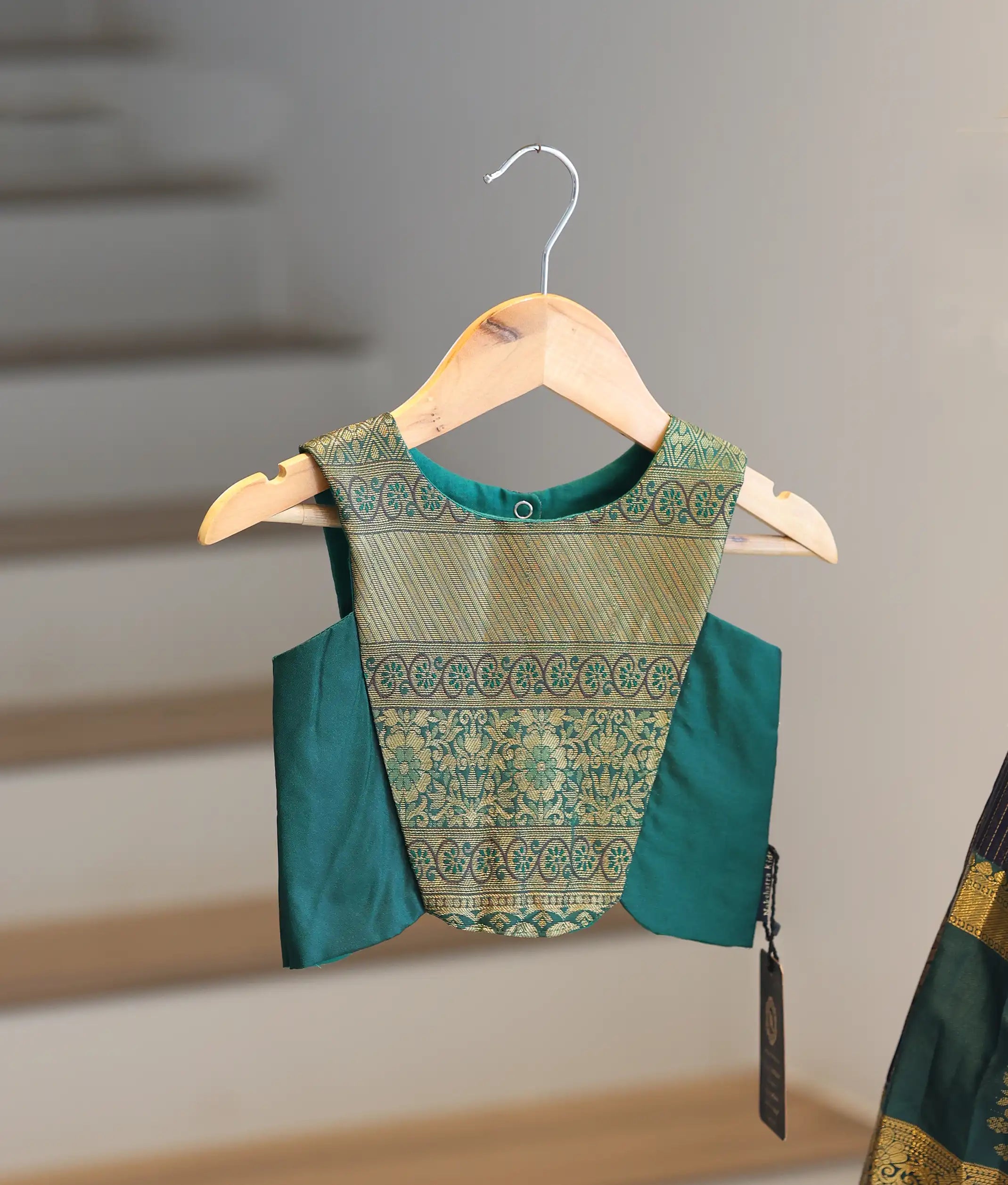 Green and Blue Kanchipuram Silk Skirt and Top for Baby Girl [6278]