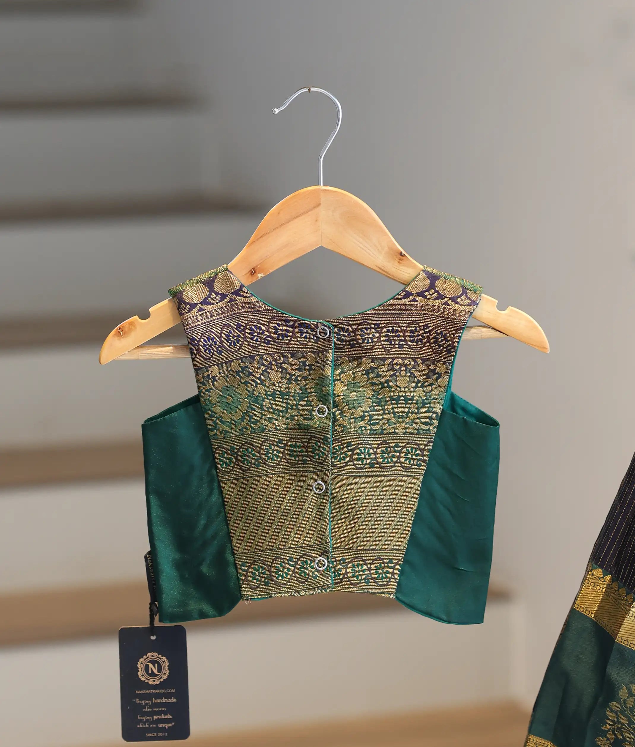 Green and Blue Kanchipuram Silk Skirt and Top for Baby Girl [6278]