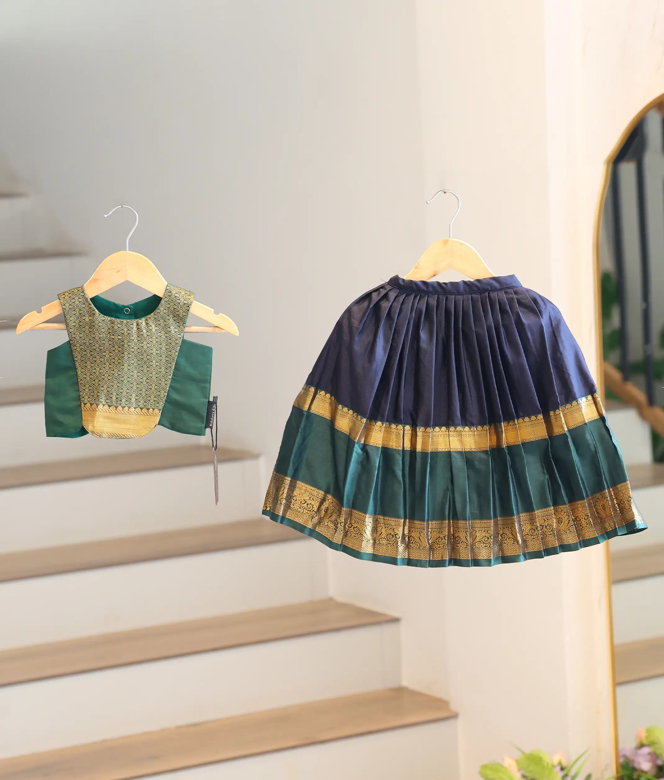 Green and Blue Kanchipuram Silk Skirt and Top for Baby Girl [6278A]