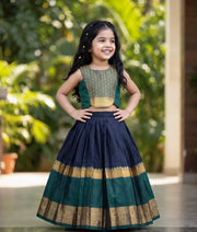 Green and Blue Kanchipuram Silk Skirt and Top for Baby Girl [6278A]