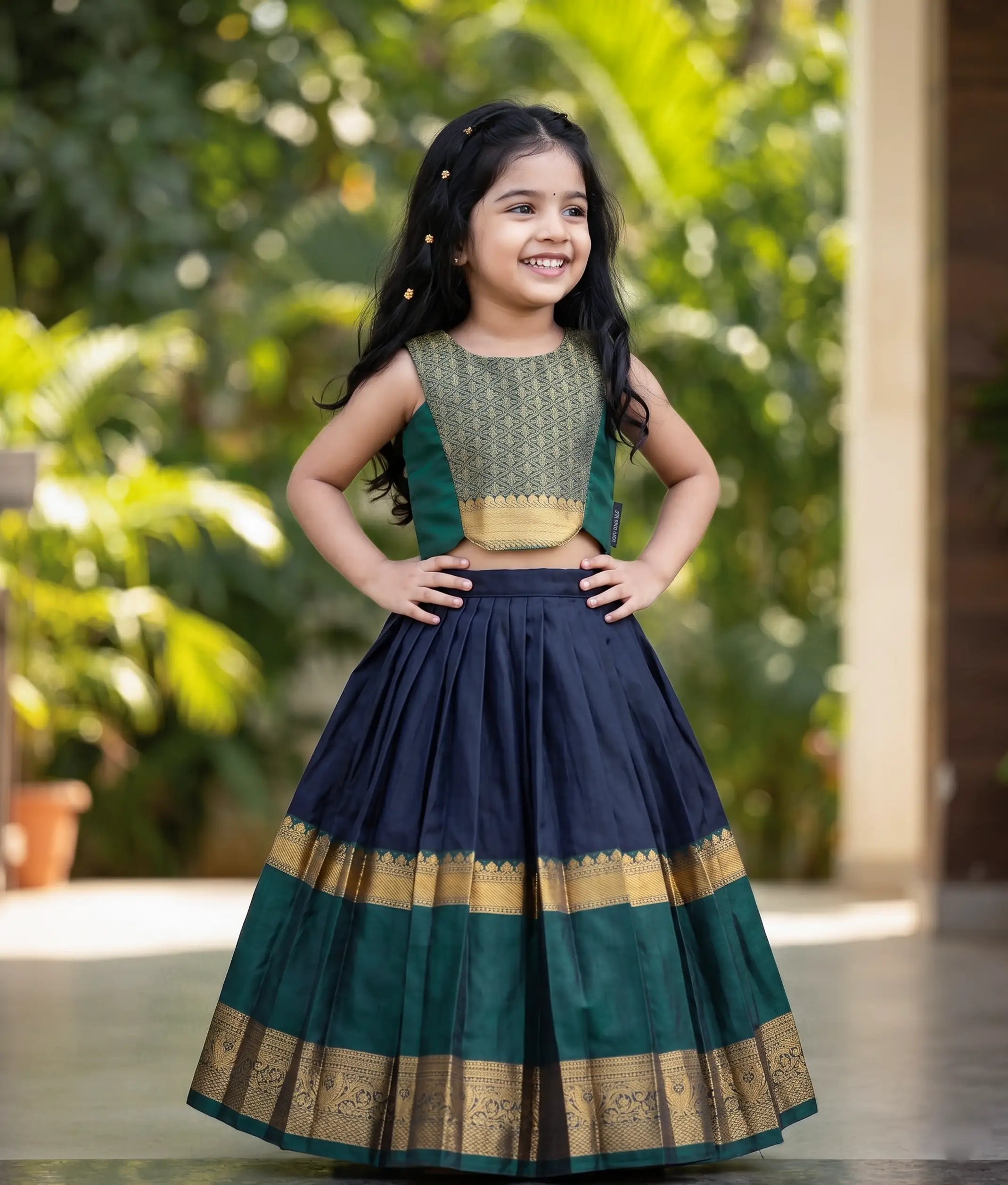 Green and Blue Kanchipuram Silk Skirt and Top for Baby Girl [6278A]