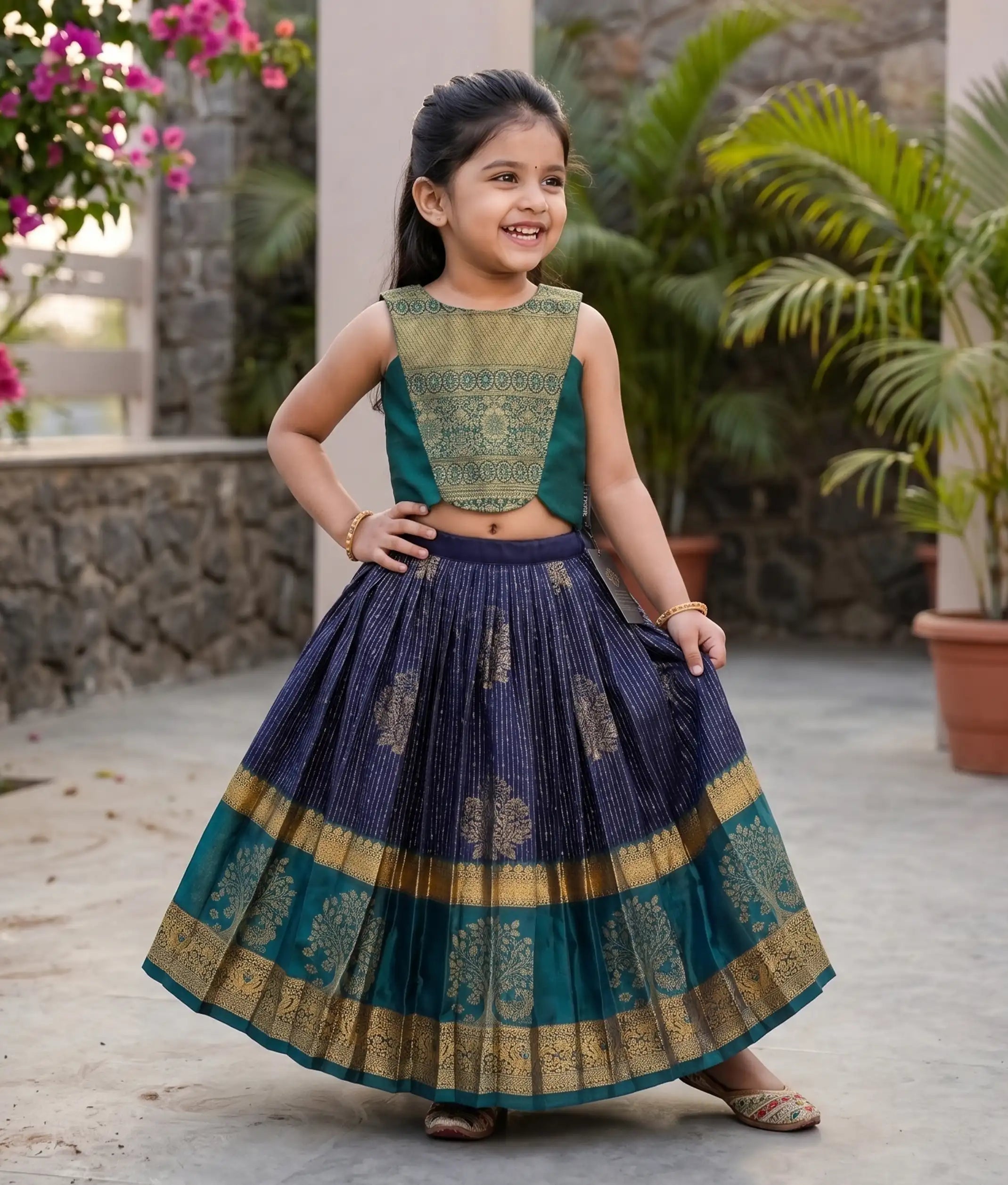 Green and Blue Kanchipuram Silk Skirt and Top for Baby Girl [6278]