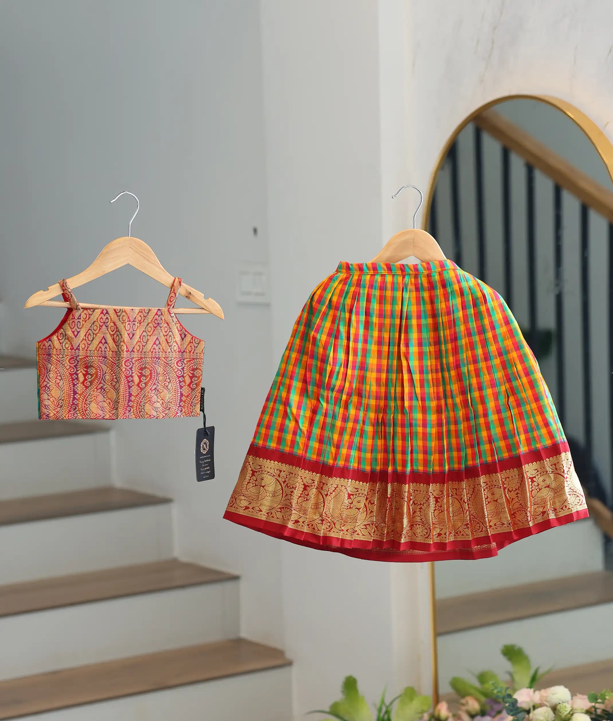 Multicolor Checked Kanchipuram Silk Skirt and Top for Baby Girl [6279]