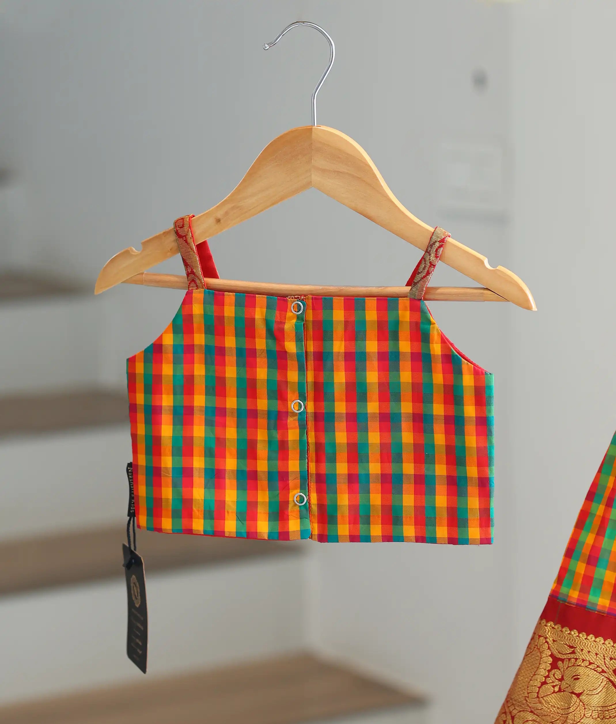 Multicolor Checked Kanchipuram Silk Skirt and Top for Baby Girl [6279]