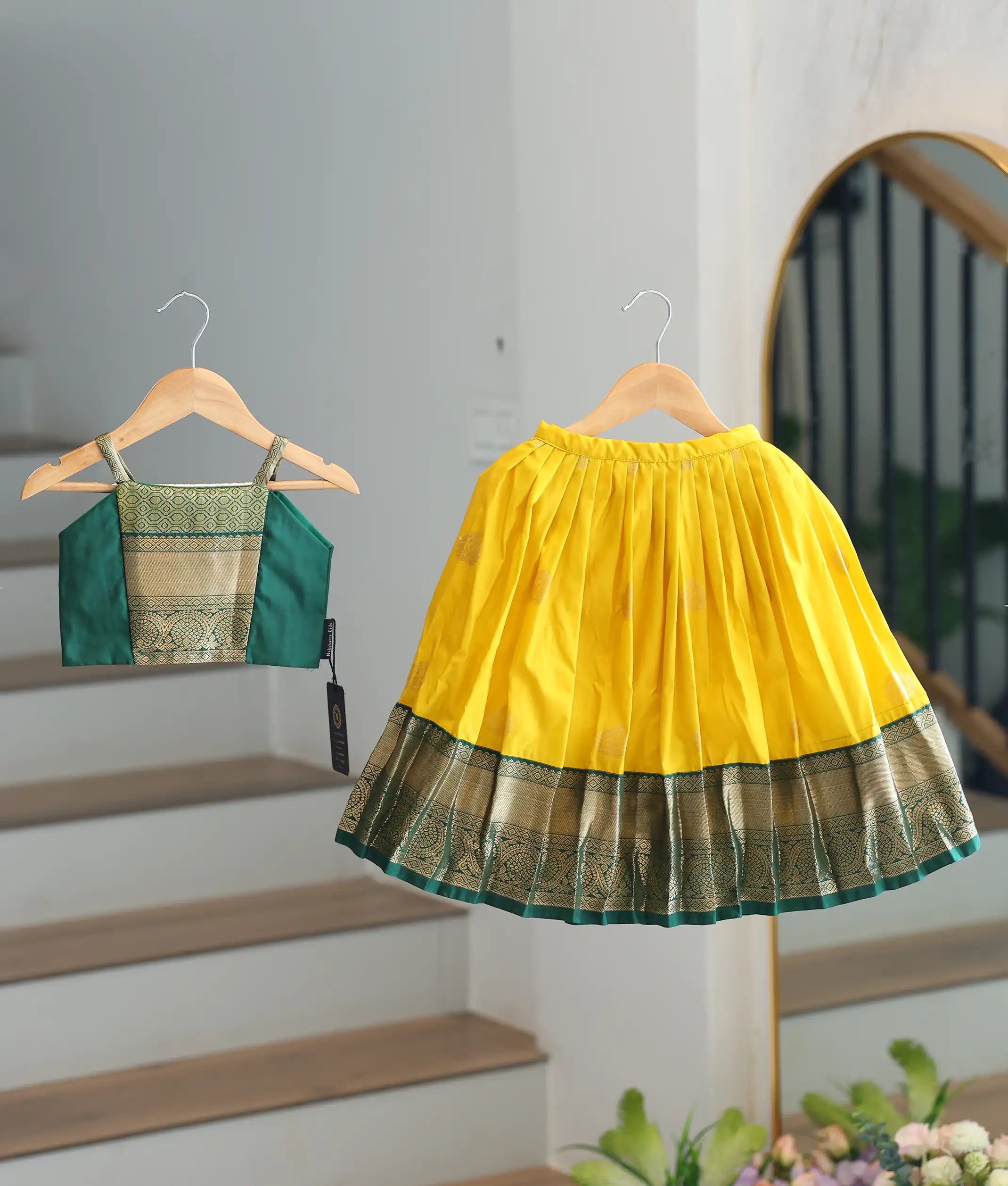 Yellow and Green Kanchipuram Silk Skirt and Top for Baby Girl [6281]