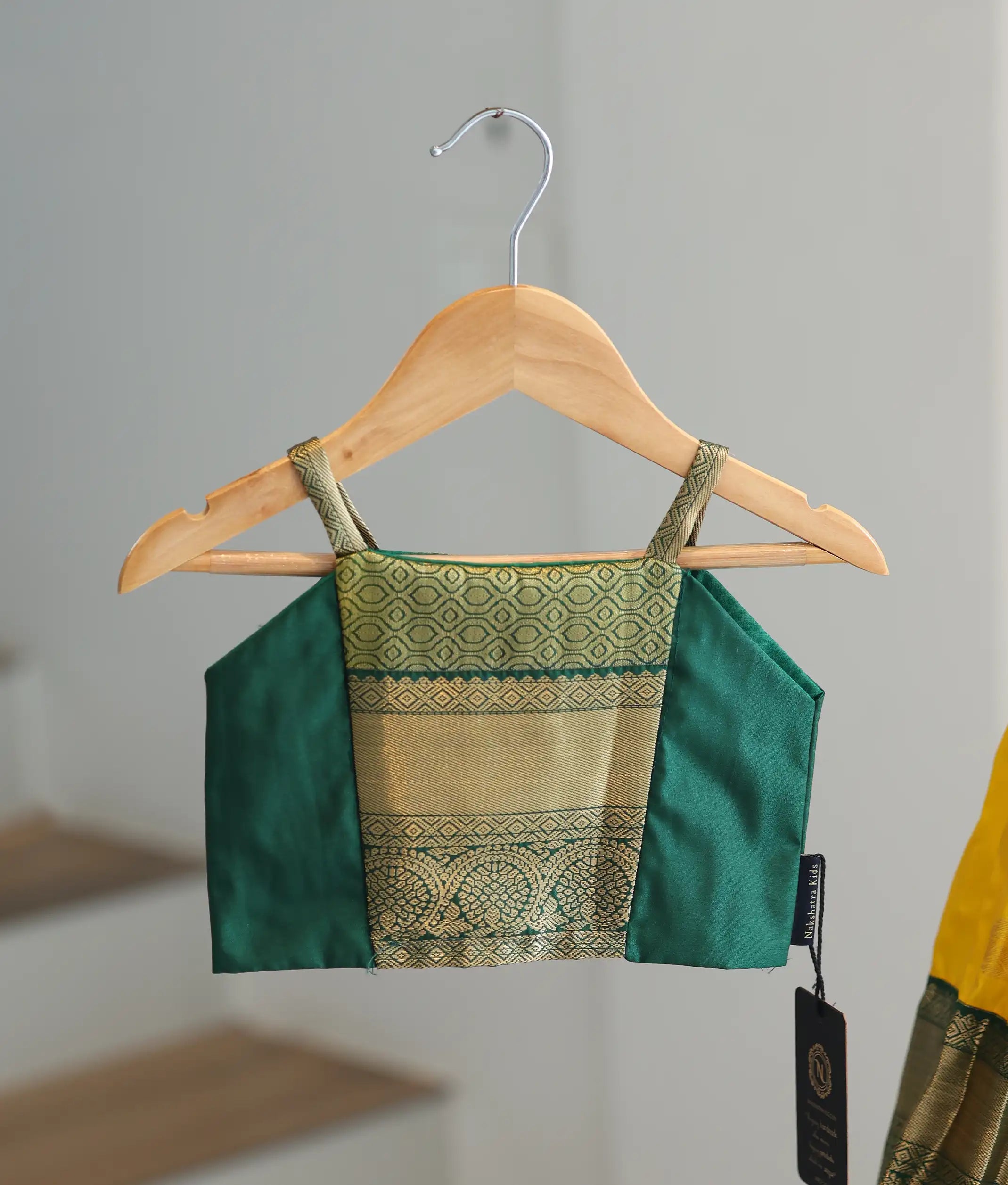 Yellow and Green Kanchipuram Silk Skirt and Top for Baby Girl [6281]