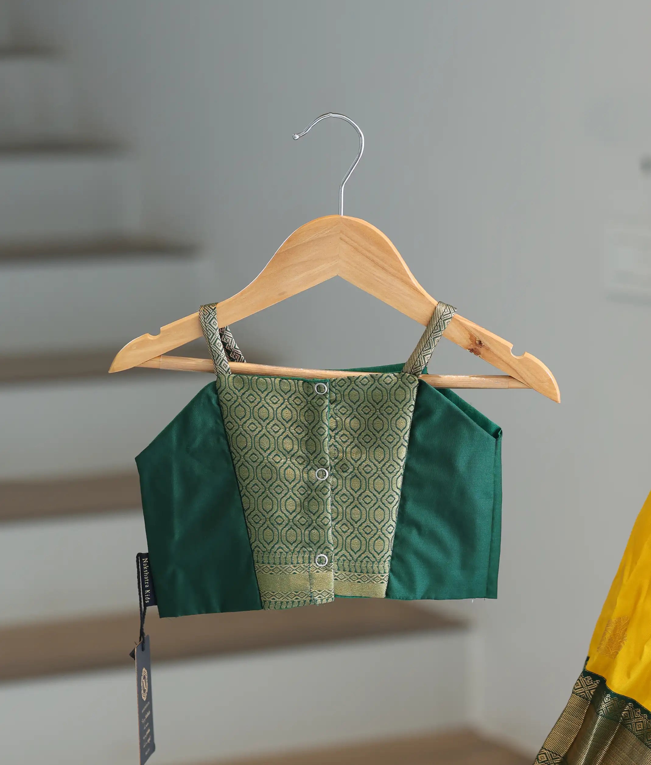 Yellow and Green Kanchipuram Silk Skirt and Top for Baby Girl [6281]