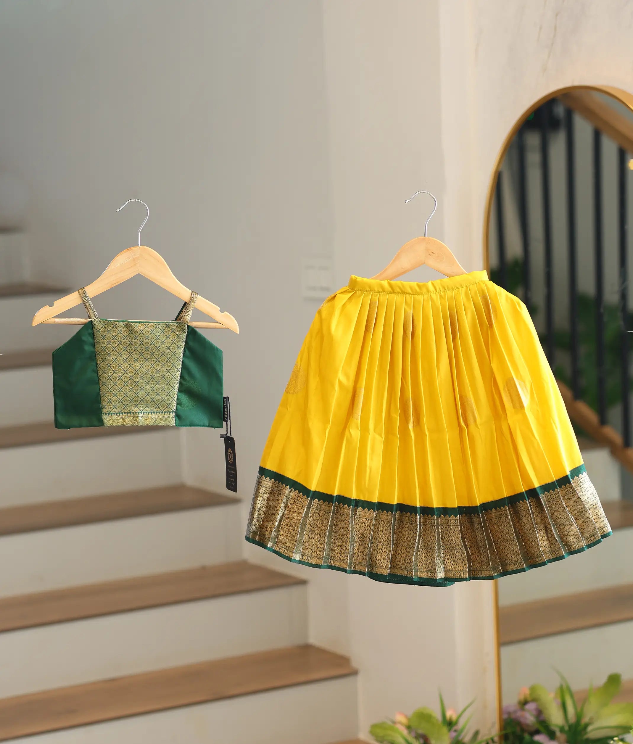 Yellow and Green Kanchipuram Silk Skirt and Top for Baby Girl [6282]