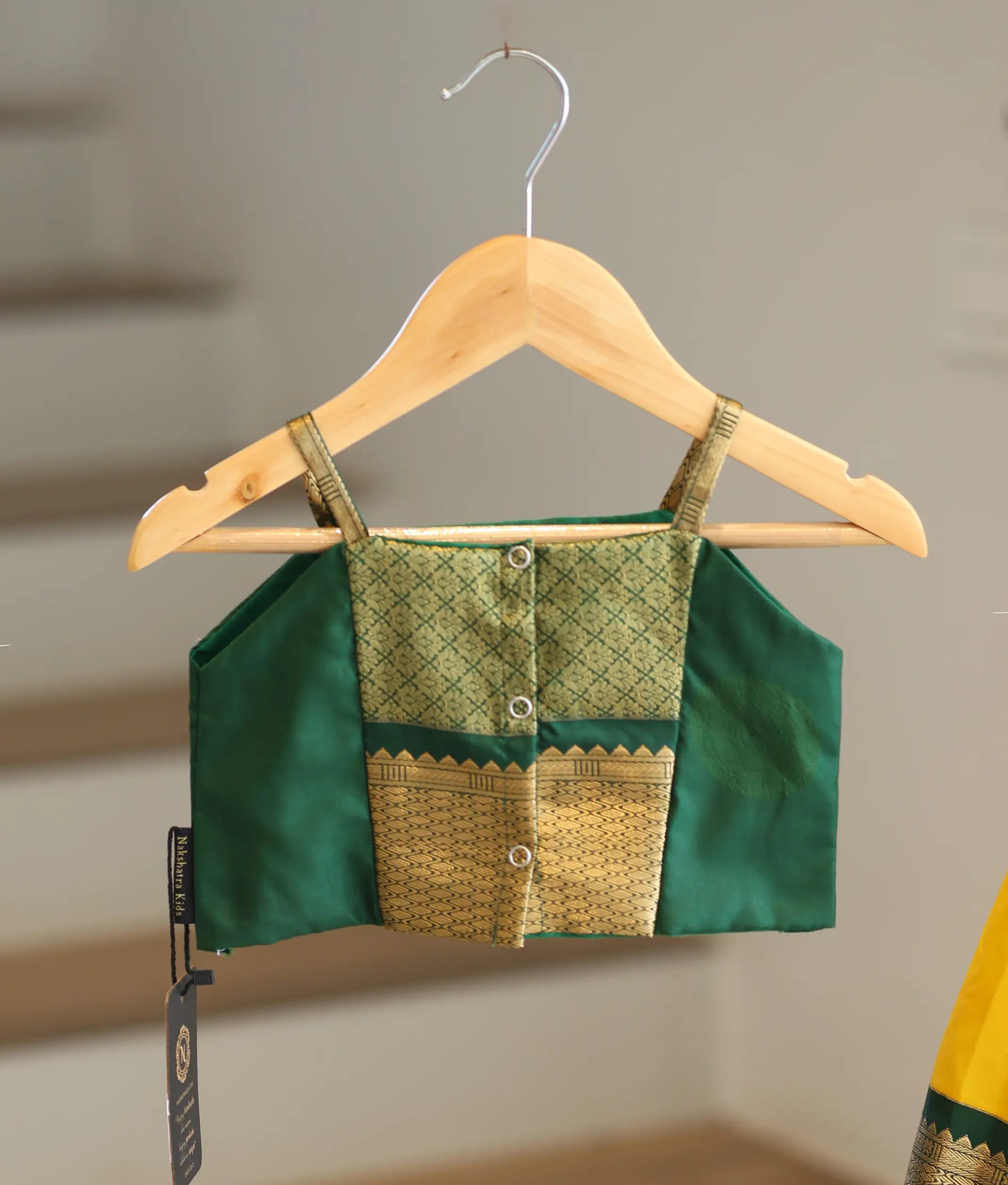 Yellow and Green Kanchipuram Silk Skirt and Top for Baby Girl [6282]