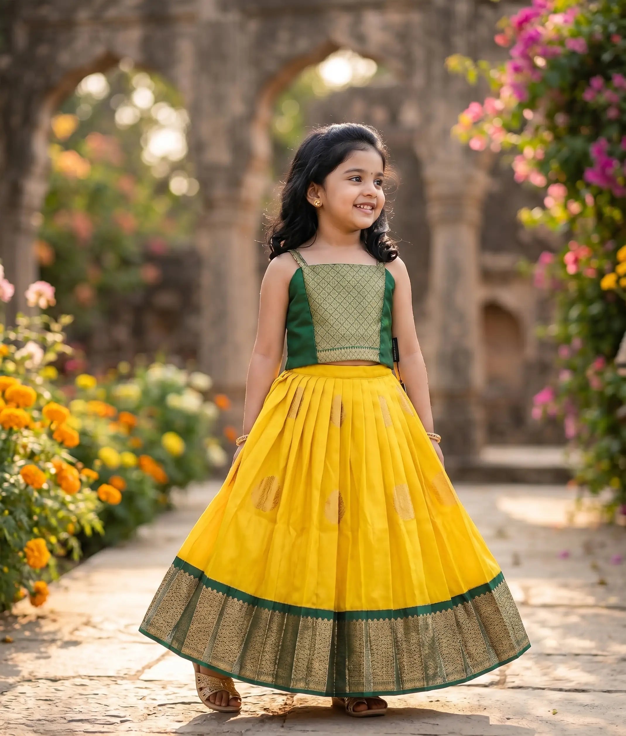 Yellow and Green Kanchipuram Silk Skirt and Top for Baby Girl [6282]