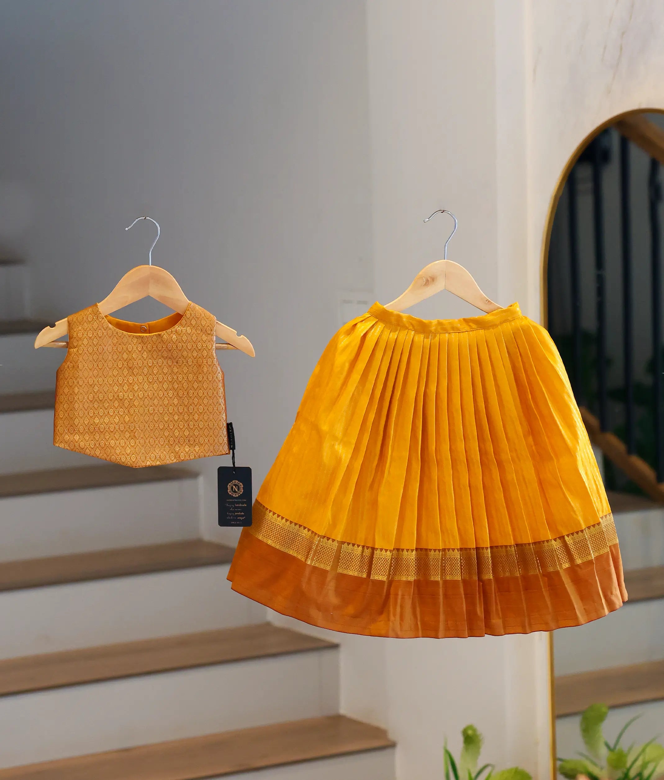 Mustard Yellow and Brown Kanchipuram Silk Skirt and Top for Baby Girl [6283]