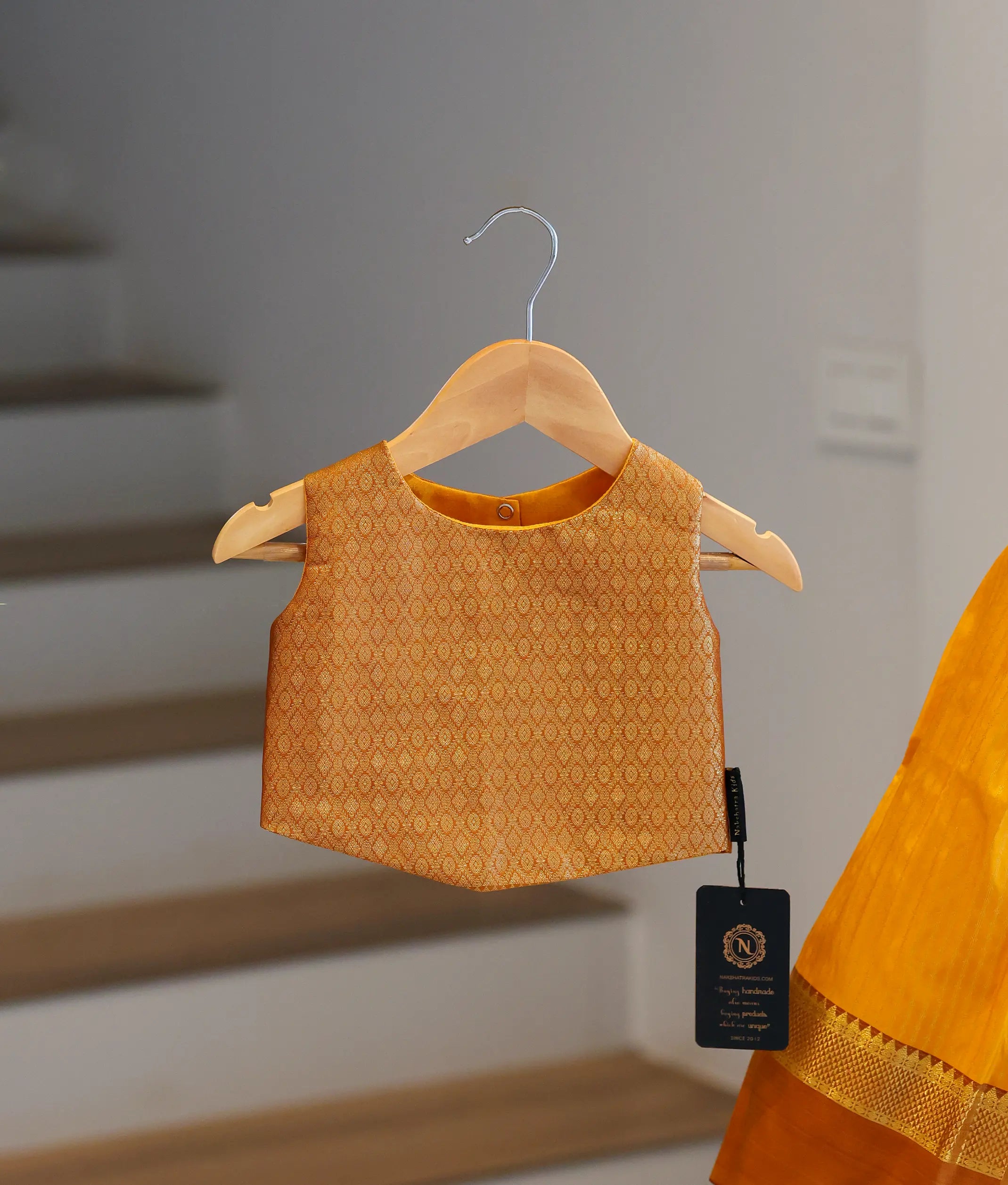 Mustard Yellow and Brown Kanchipuram Silk Skirt and Top for Baby Girl [6283]
