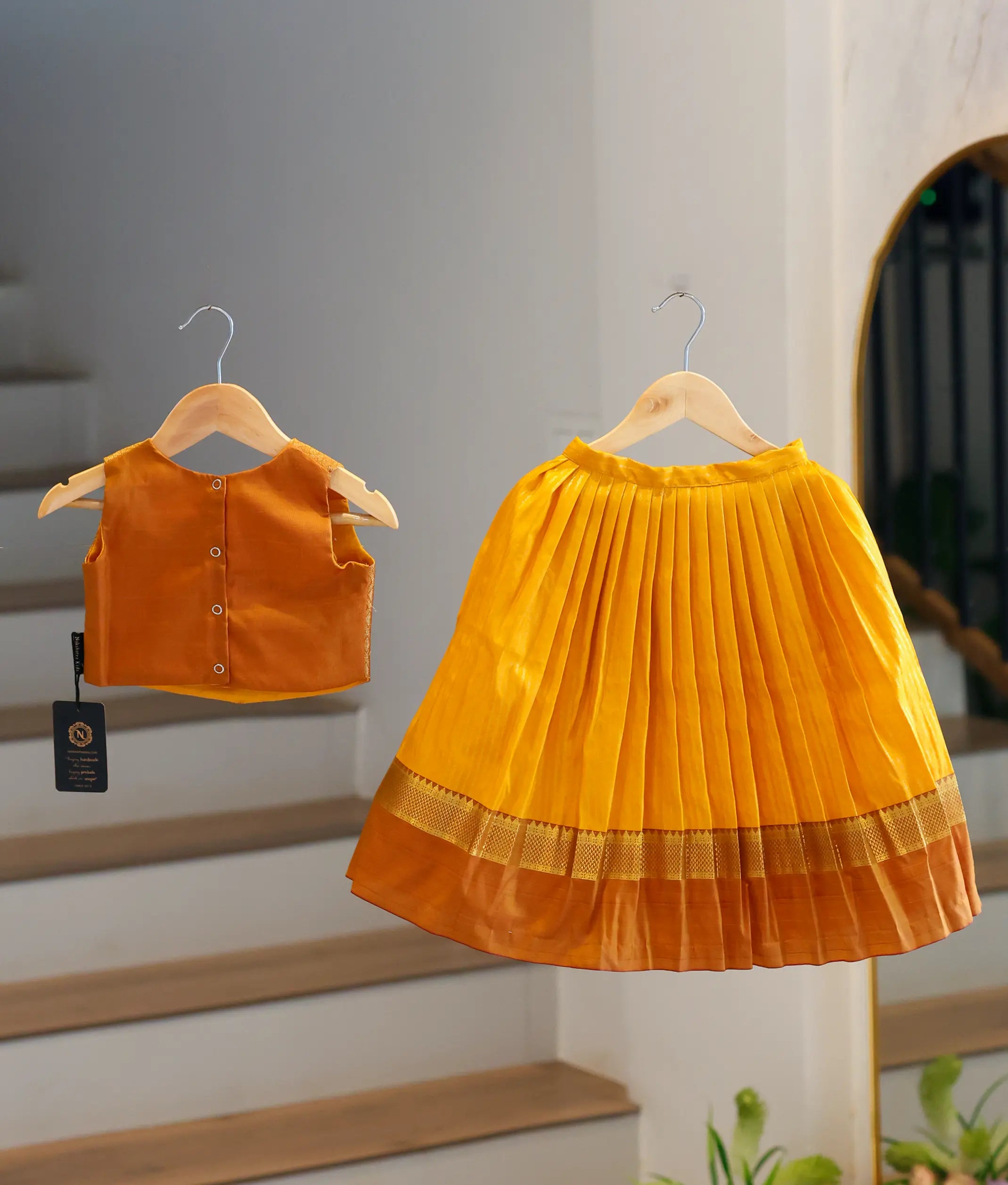 Mustard Yellow and Brown Kanchipuram Silk Skirt and Top for Baby Girl [6283]