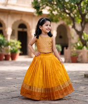 Mustard Yellow and Brown Kanchipuram Silk Skirt and Top for Baby Girl [6283]