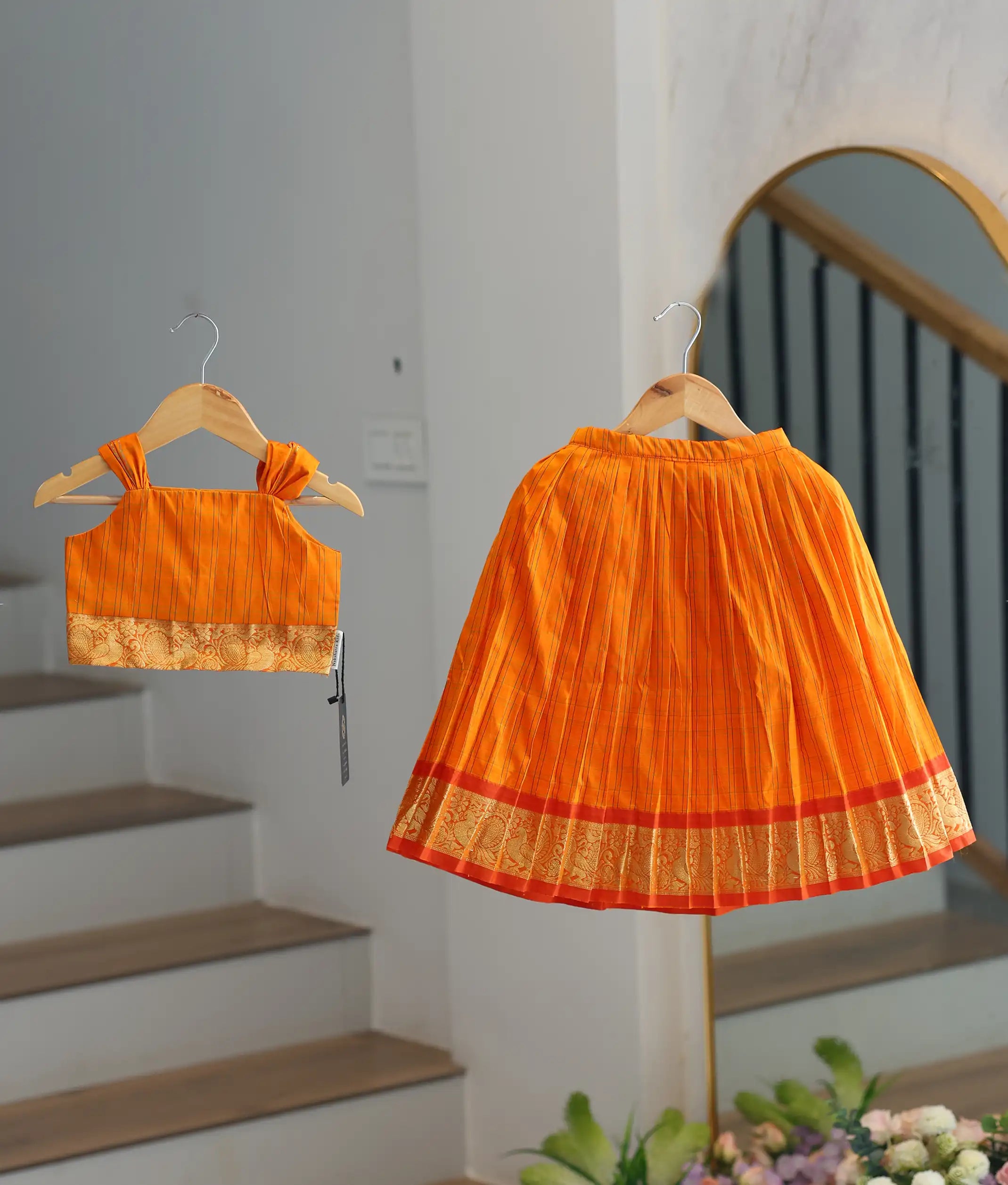 Orange Kanchipuram Silk Skirt and Top for Baby Girl [6284]