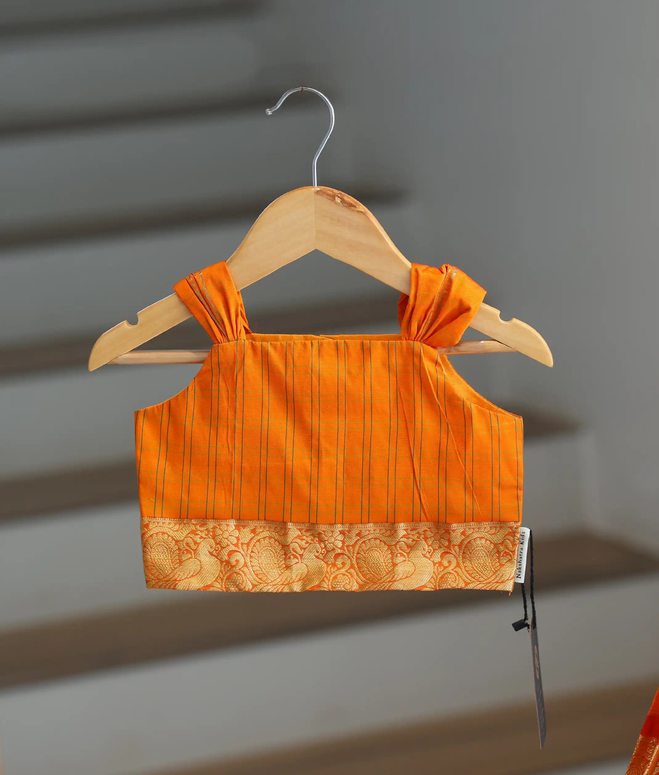 Orange Kanchipuram Silk Skirt and Top for Baby Girl [6284]