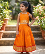 Orange Kanchipuram Silk Skirt and Top for Baby Girl [6284]