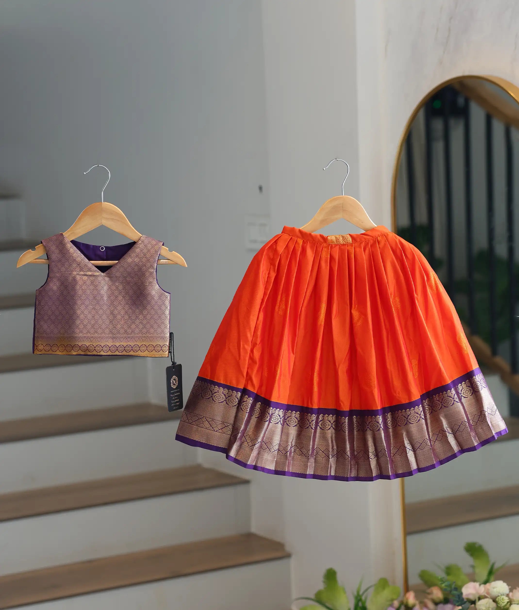 Orange and Violet Kanchipuram Silk Skirt and Top for Baby Girl [6285]