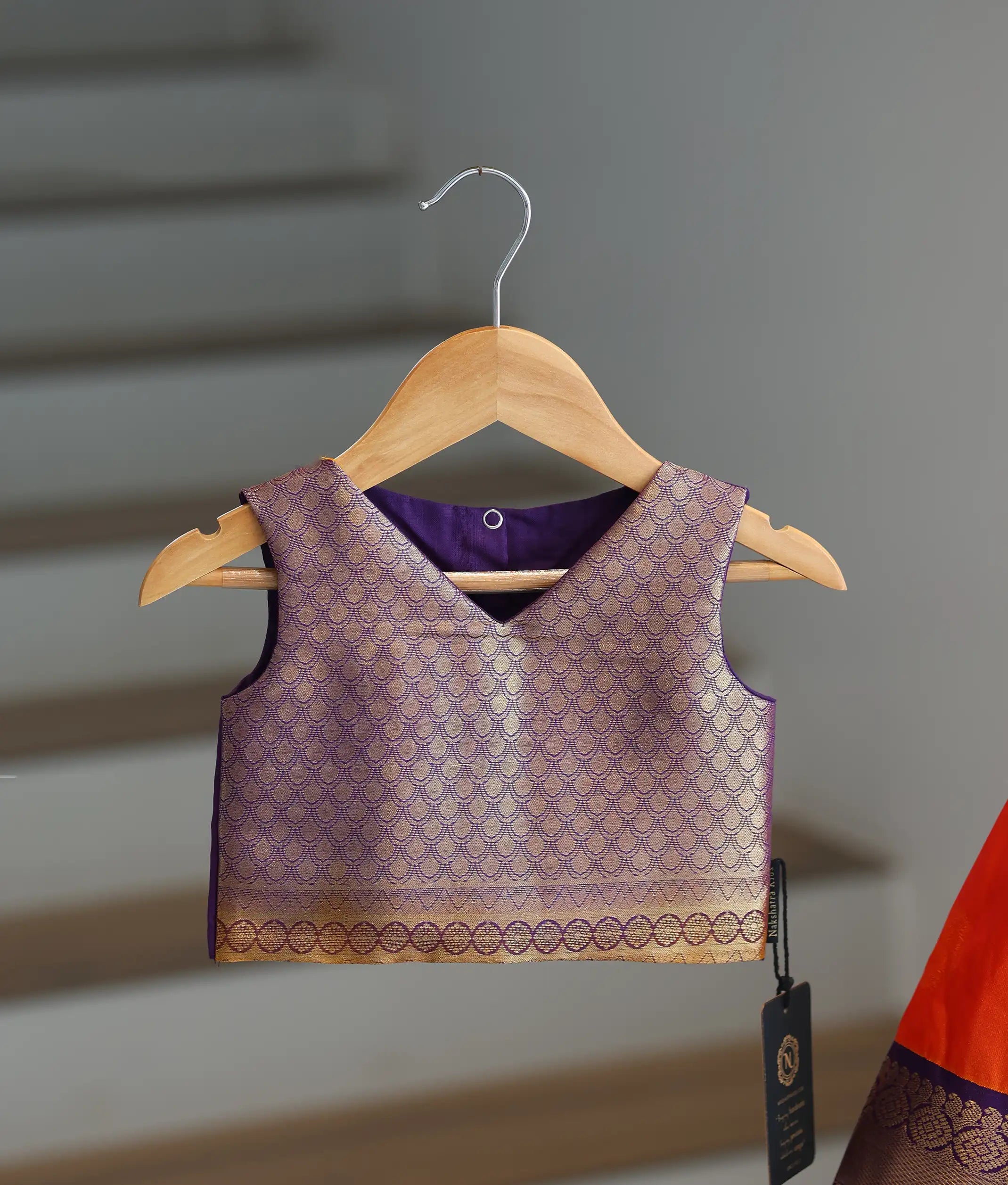 Orange and Violet Kanchipuram Silk Skirt and Top for Baby Girl [6285]