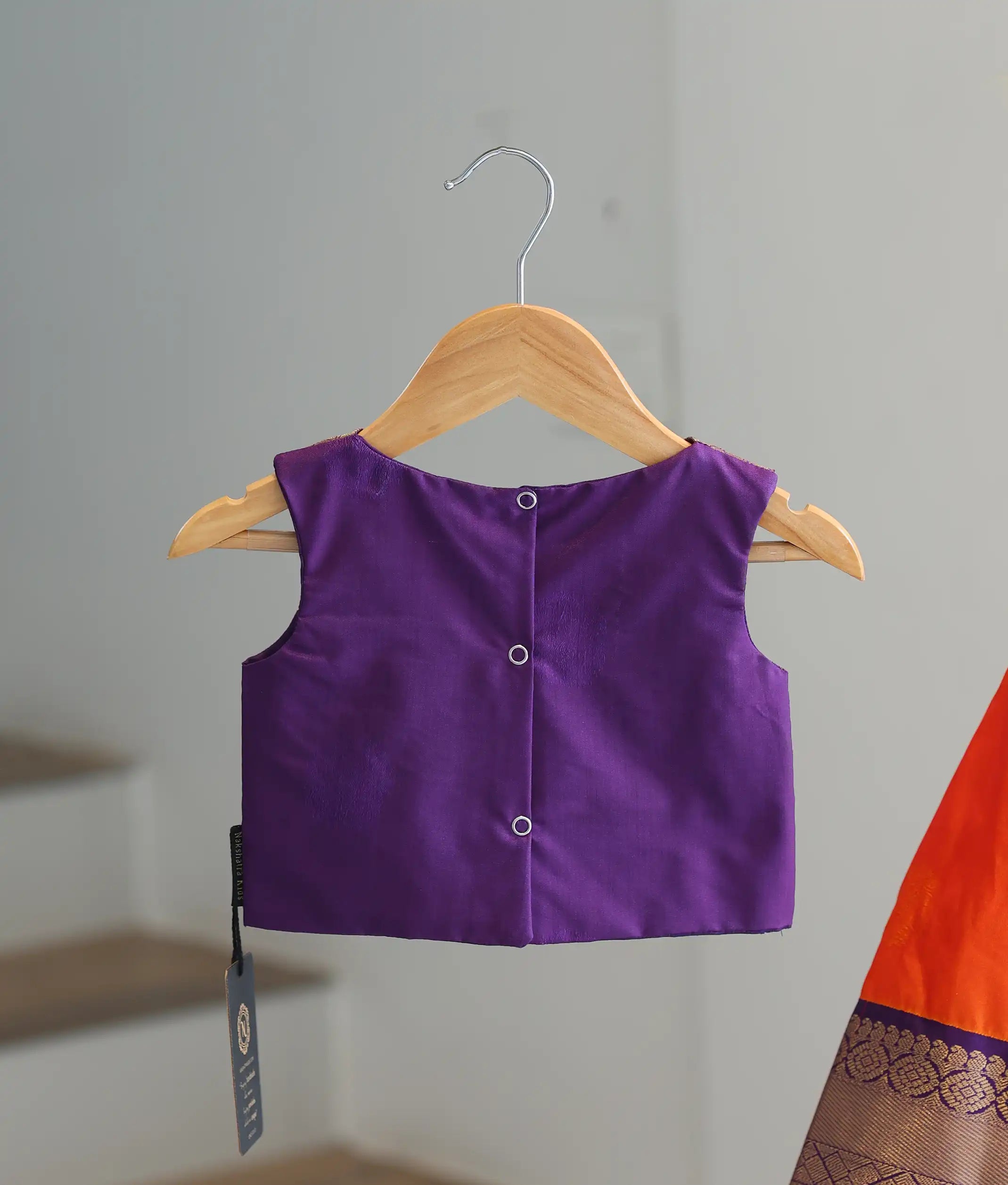 Orange and Violet Kanchipuram Silk Skirt and Top for Baby Girl [6285]