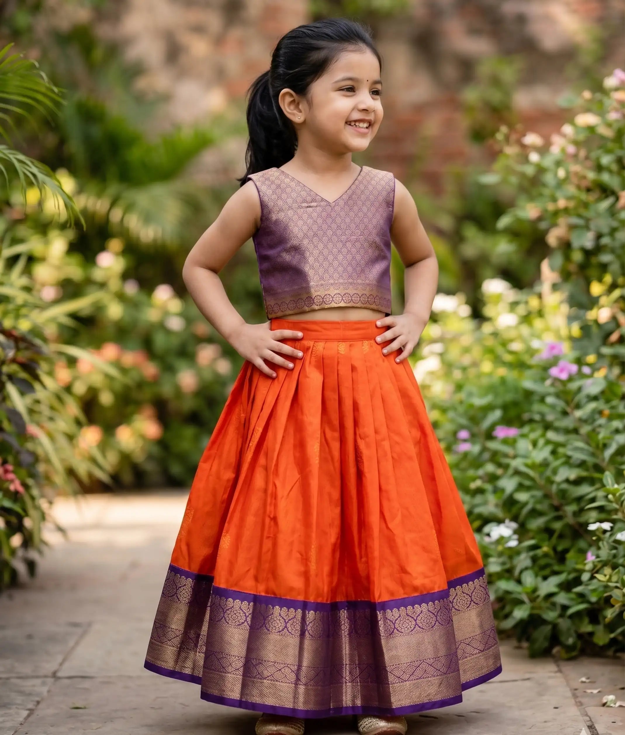 Orange and Violet Kanchipuram Silk Skirt and Top for Baby Girl [6285]
