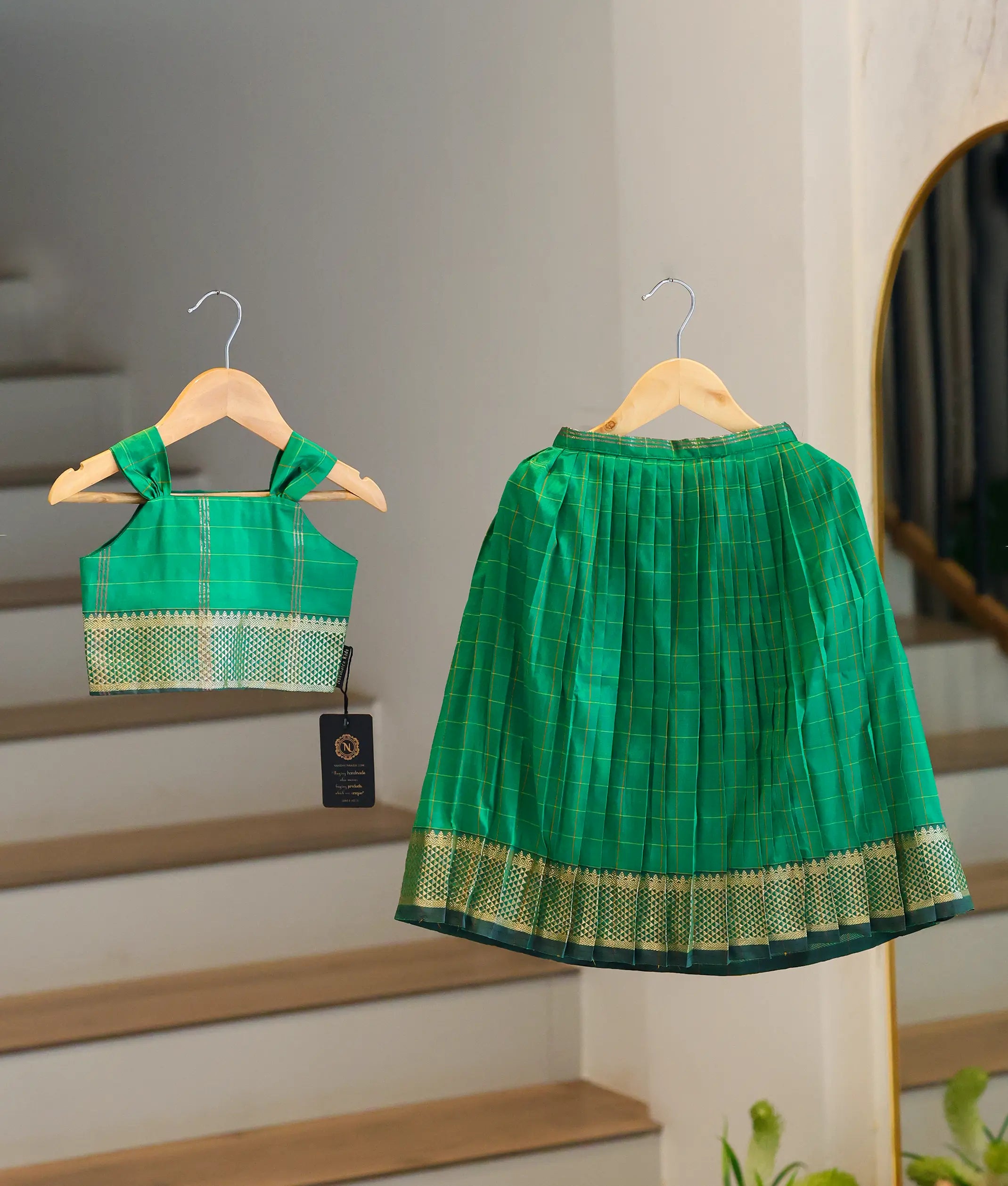 Green Kanchipuram Silk Skirt and Top for Baby Girl [6287]