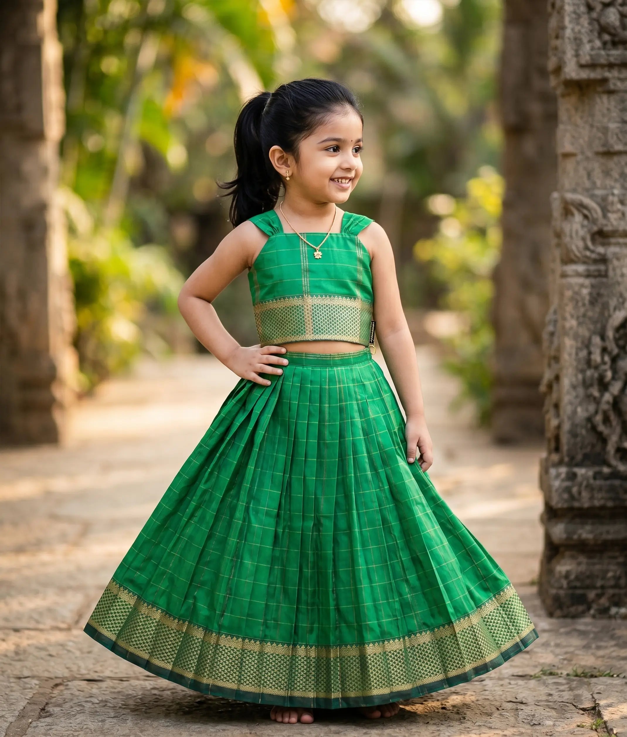 Green Kanchipuram Silk Skirt and Top for Baby Girl [6287]