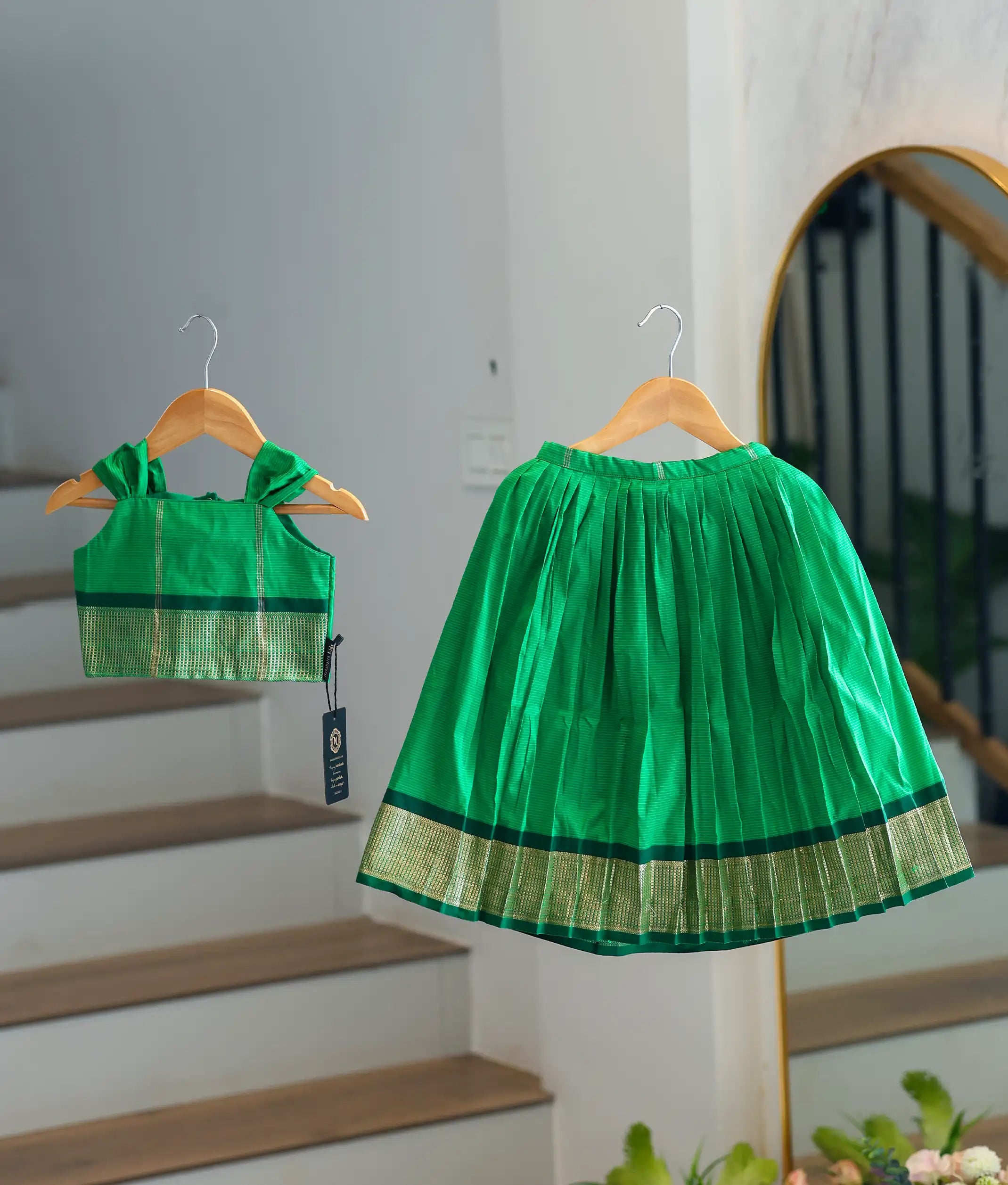 Green Kanchipuram Silk Skirt and Top for Baby Girl [6288]