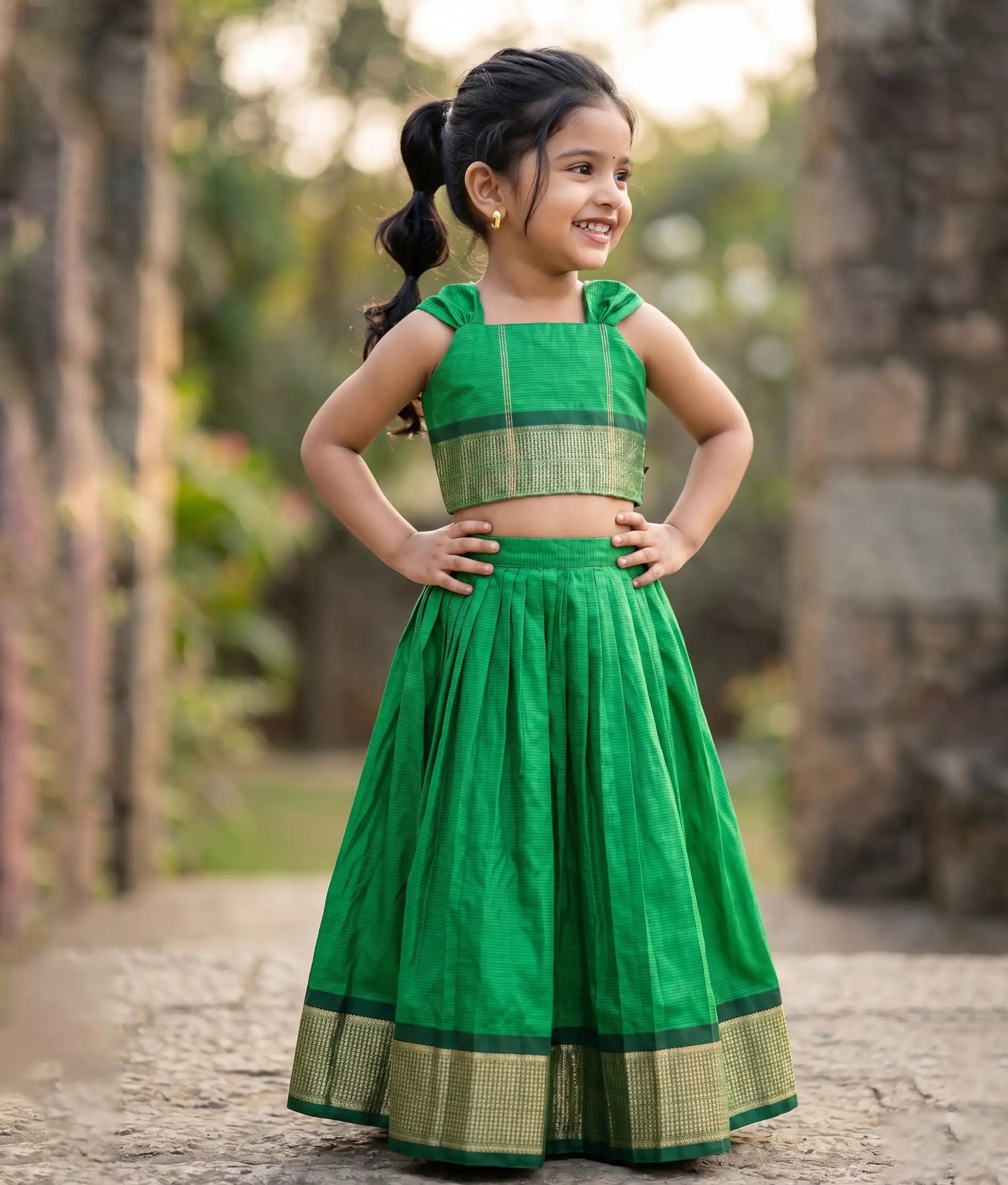 Green Kanchipuram Silk Skirt and Top for Baby Girl [6288]