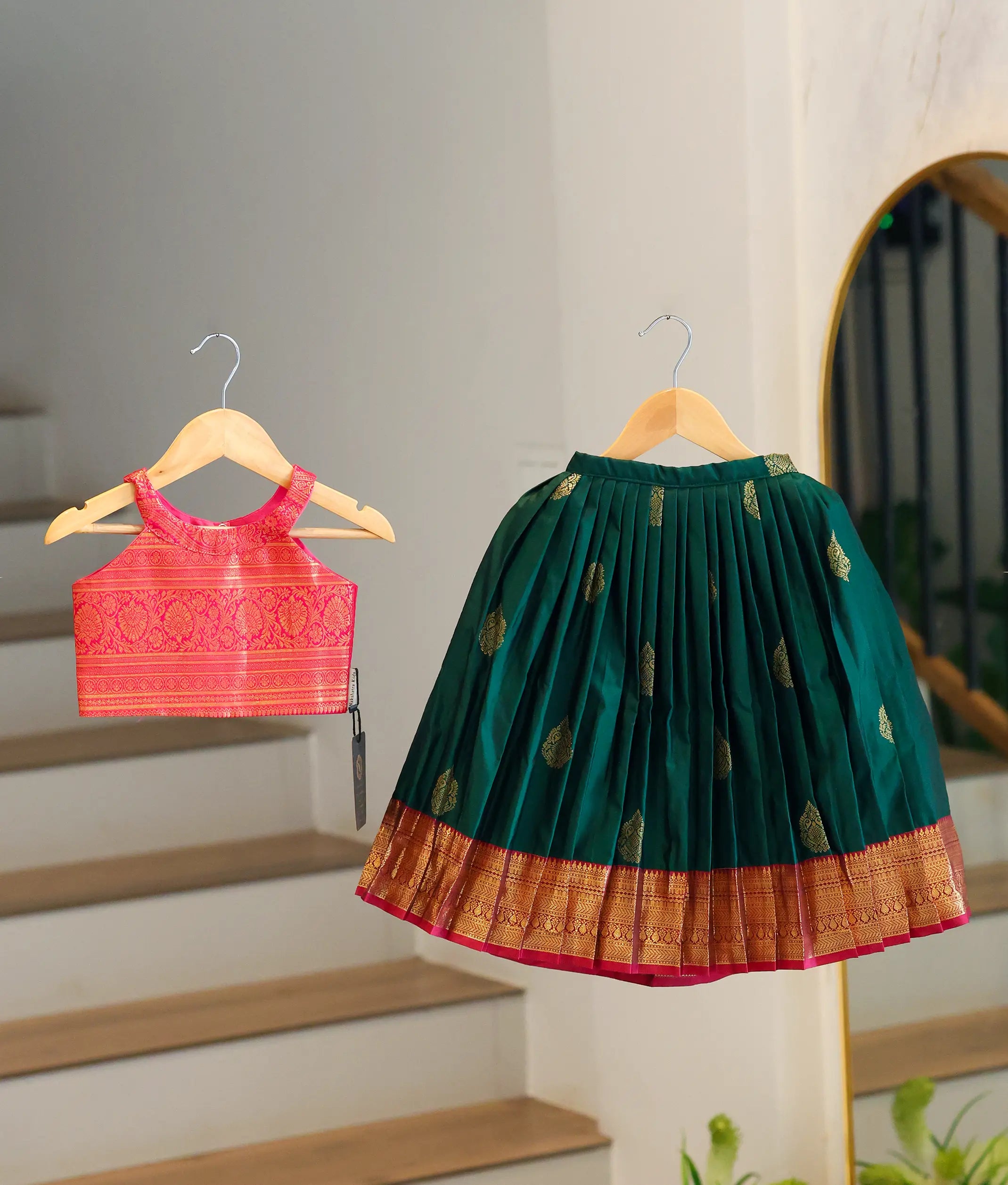 Bottle Green and Hot Pink Kanchipuram Silk Skirt and Top for Baby Girl [6290]