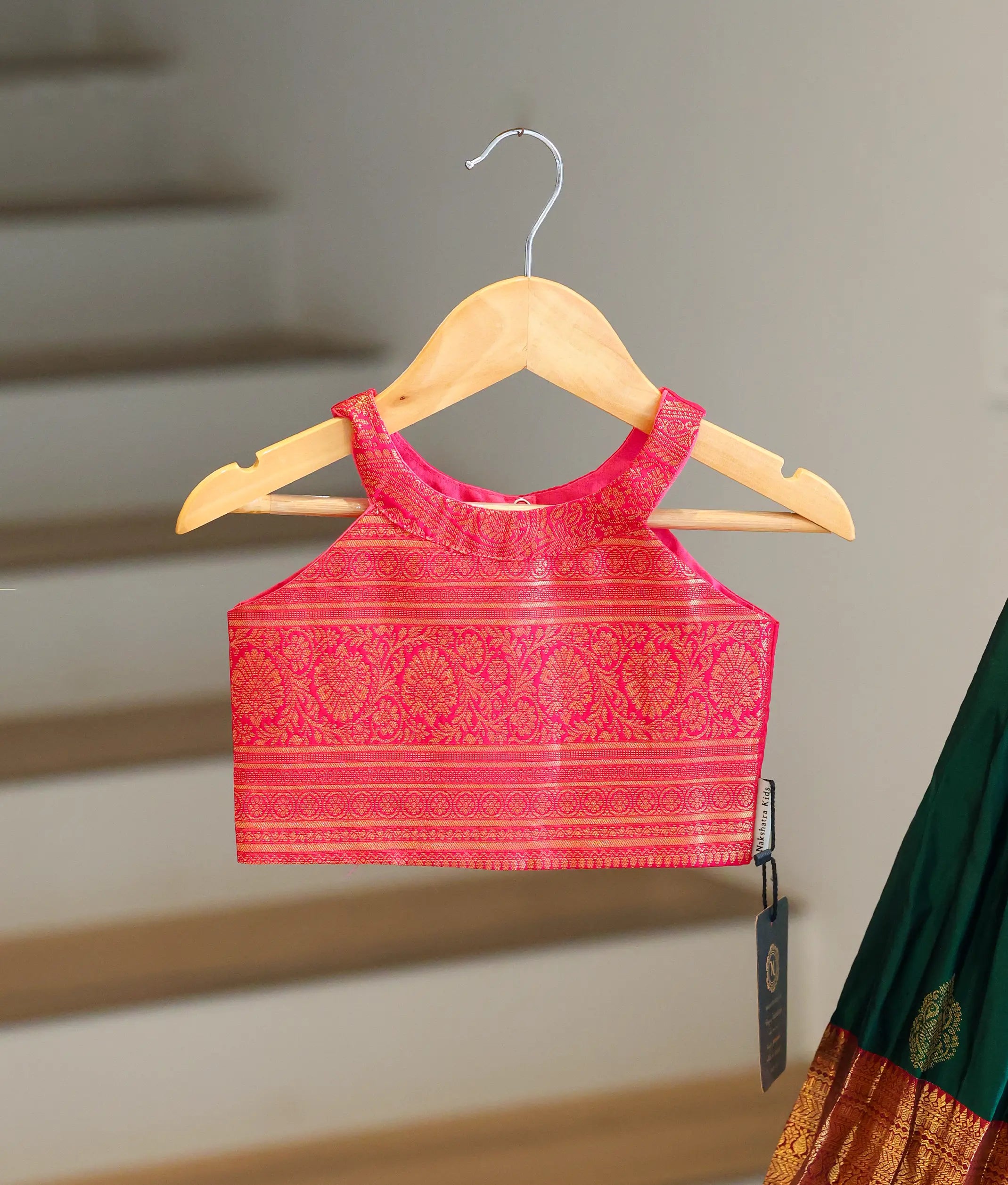 Bottle Green and Hot Pink Kanchipuram Silk Skirt and Top for Baby Girl [6290]