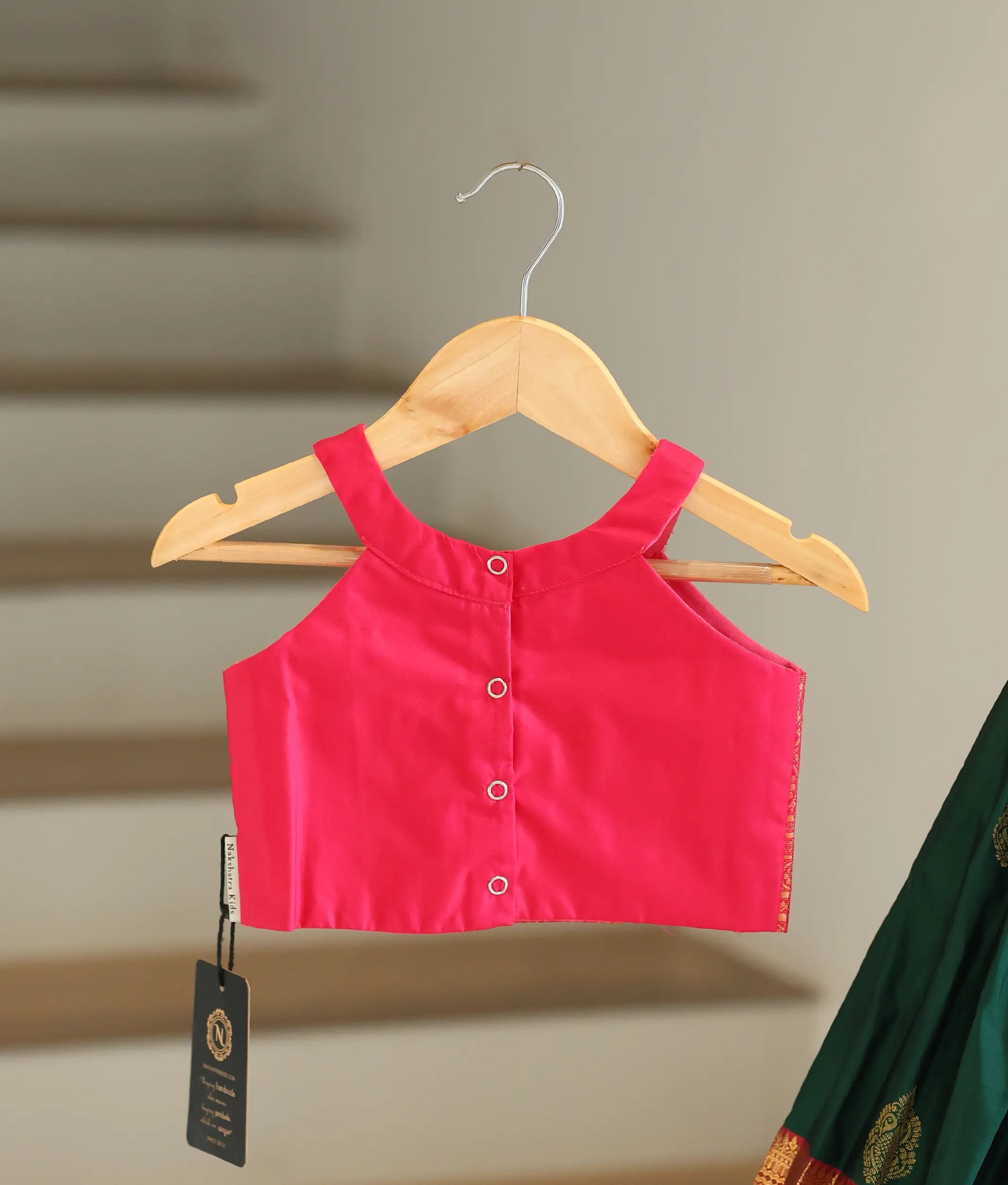 Bottle Green and Hot Pink Kanchipuram Silk Skirt and Top for Baby Girl [6290]
