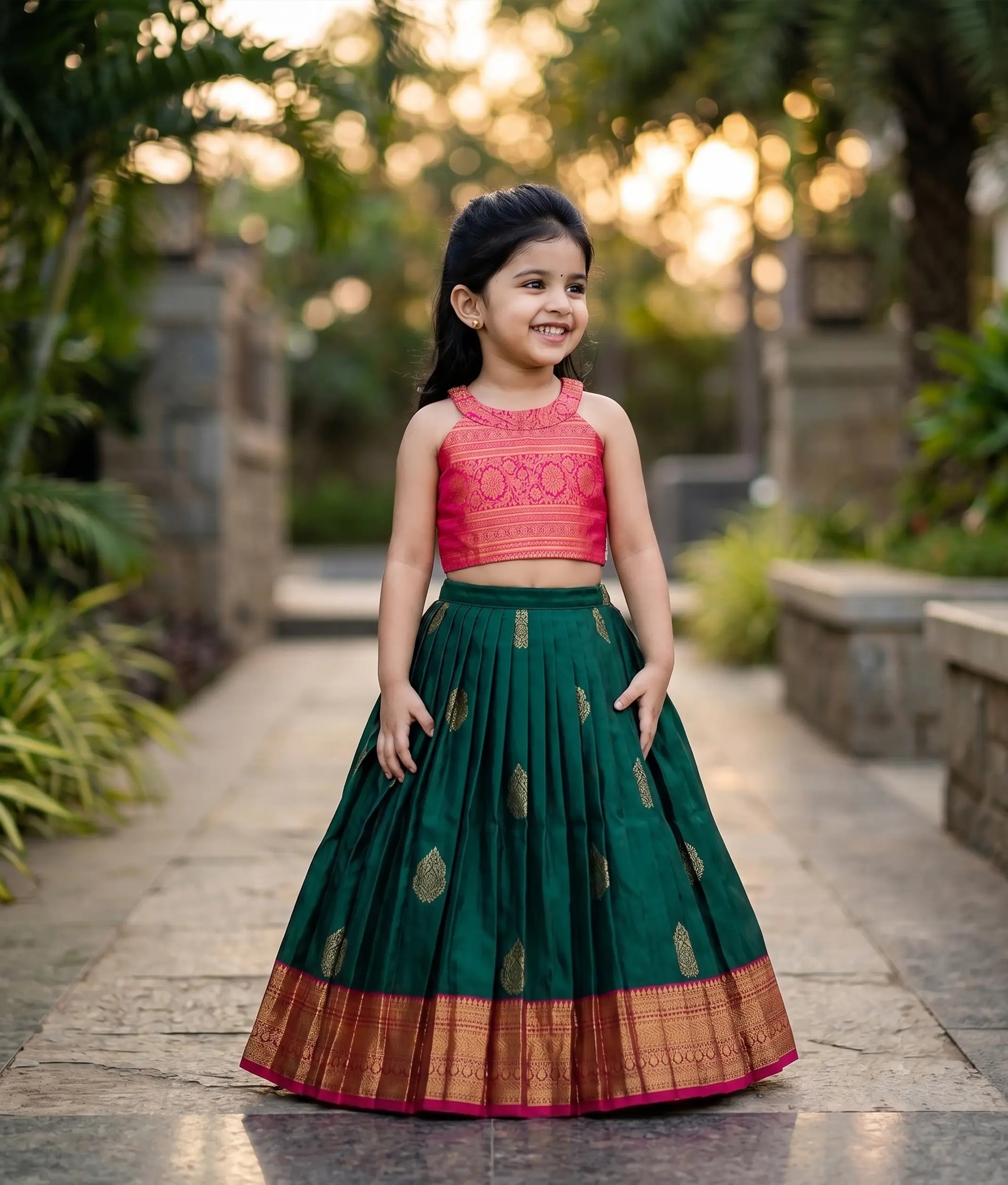 Bottle Green and Hot Pink Kanchipuram Silk Skirt and Top for Baby Girl [6290]